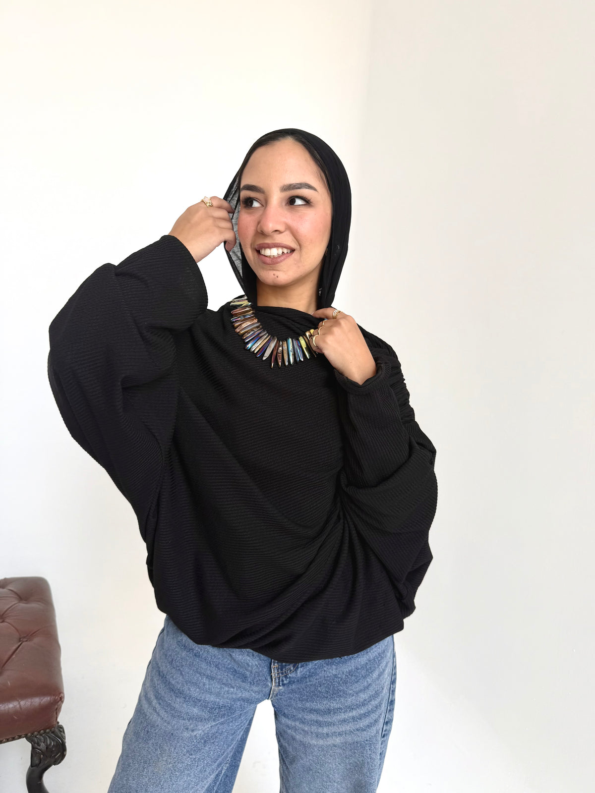 Knitted draping top in black