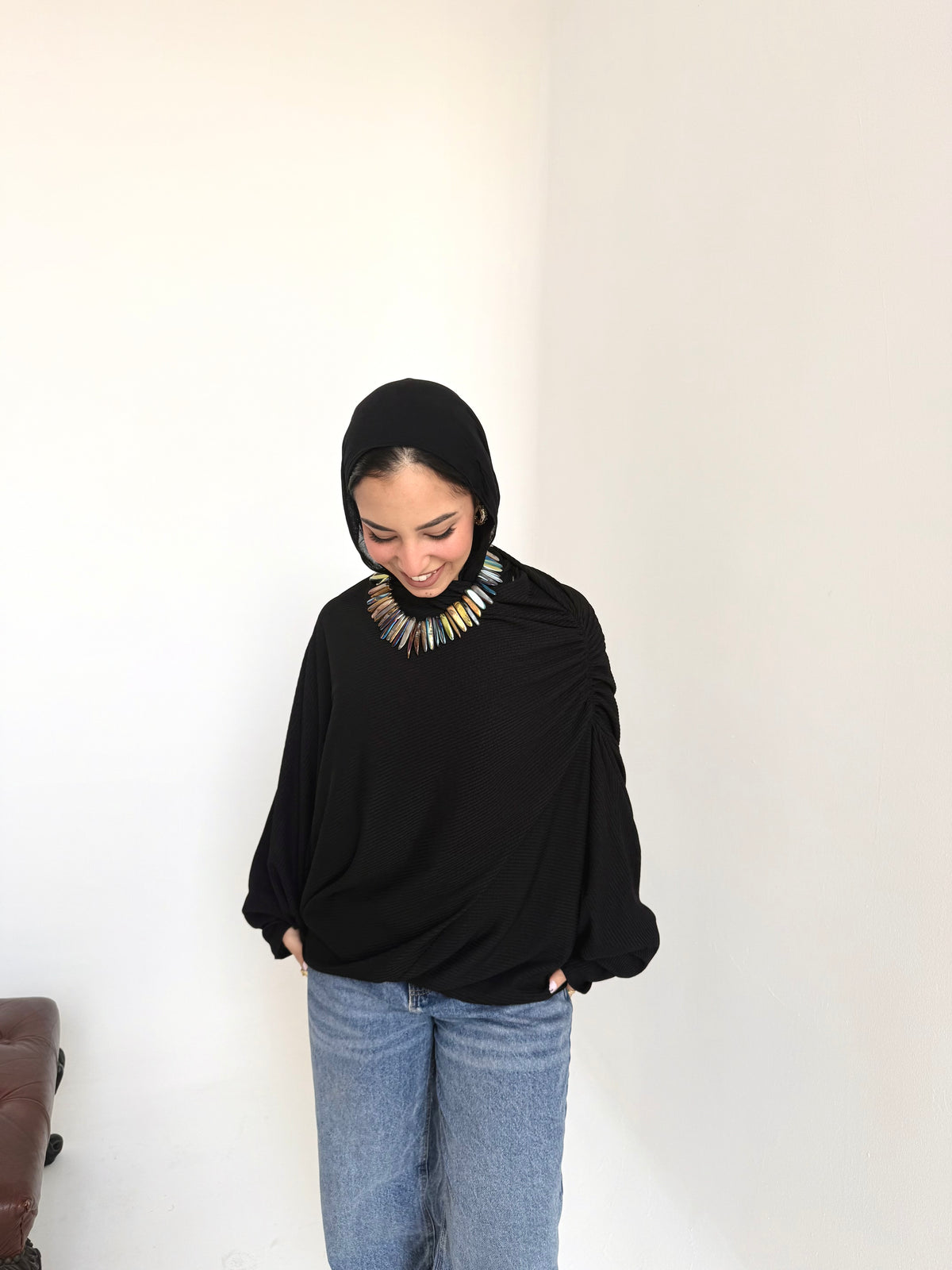 Knitted draping top in black