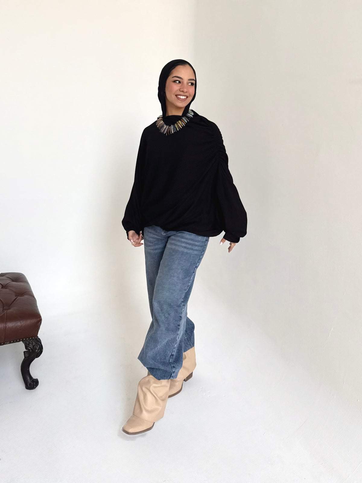 Knitted draping top in black
