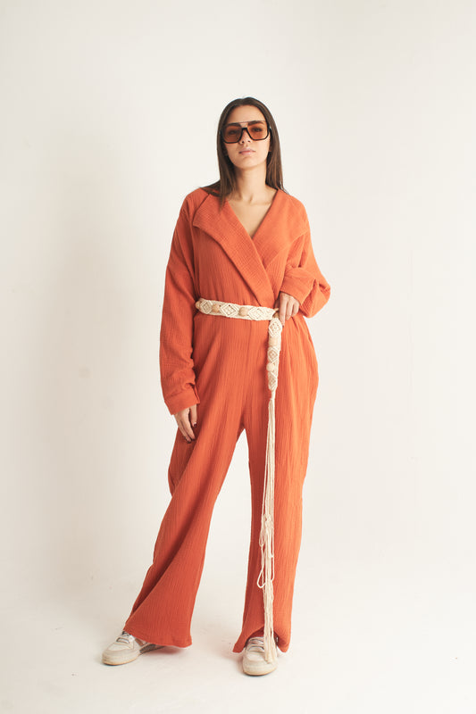 Dark orange bubble cotton jumpsuit