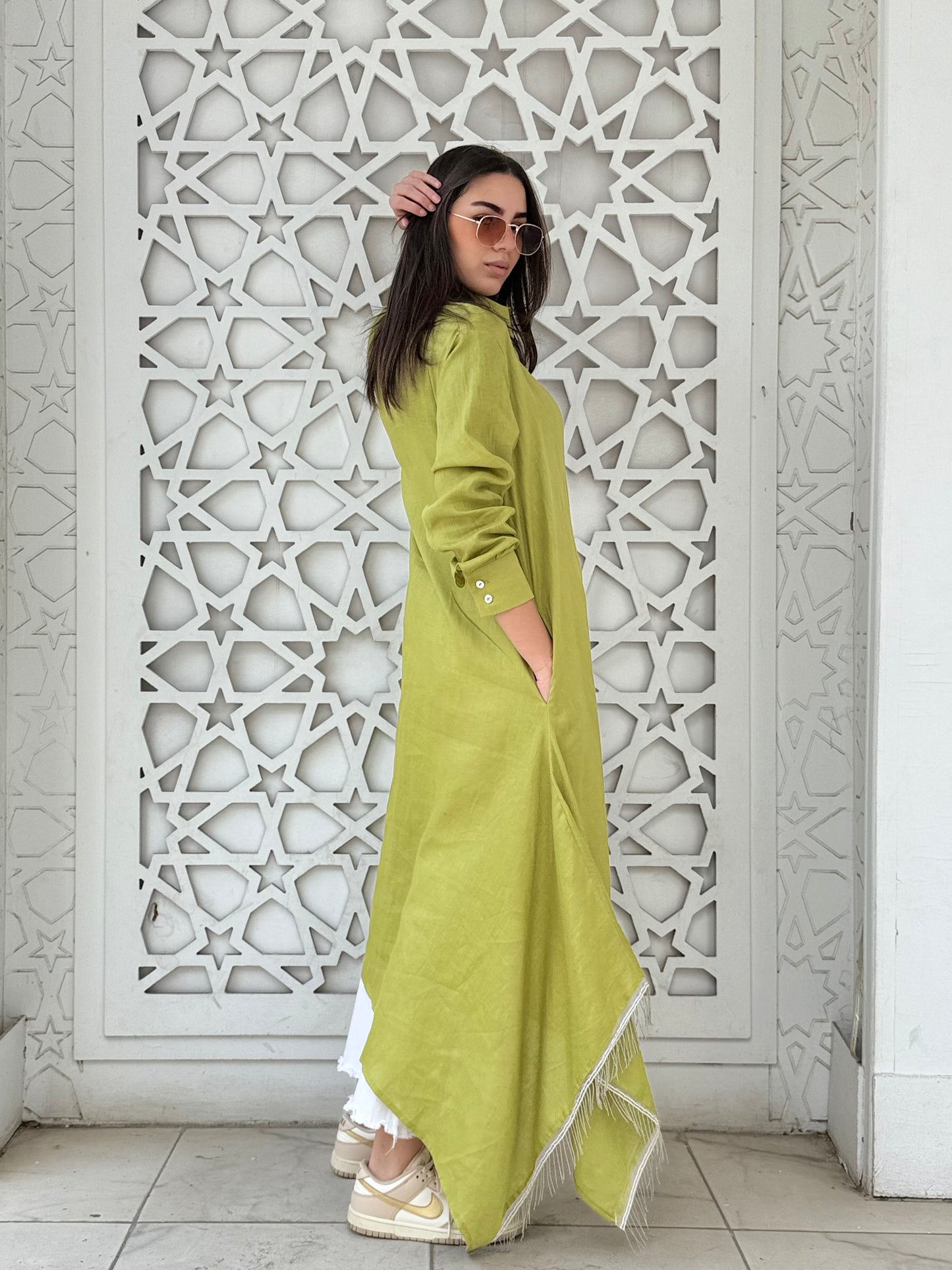 Moss green pure linen shirt dress