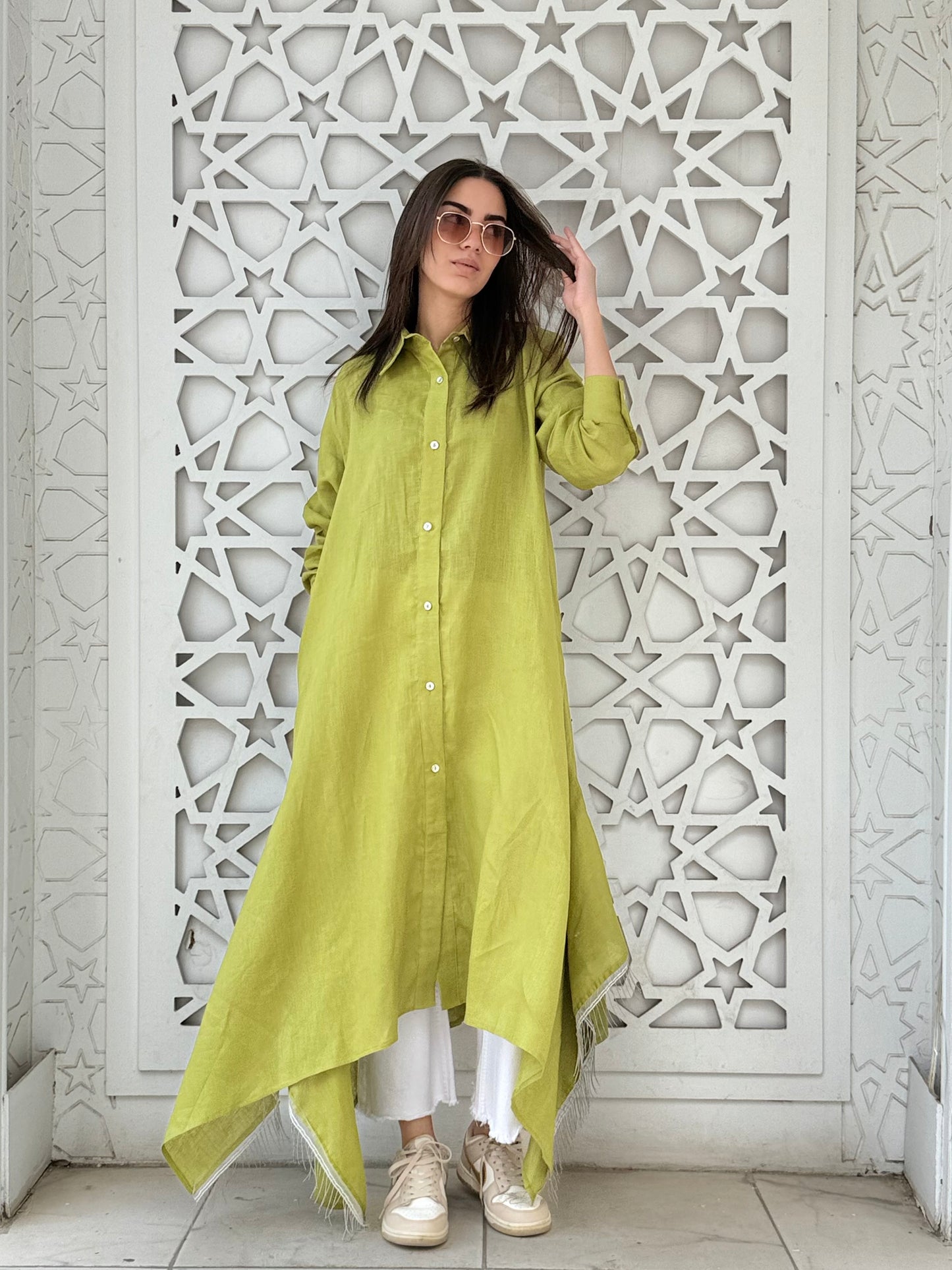 Moss green pure linen shirt dress