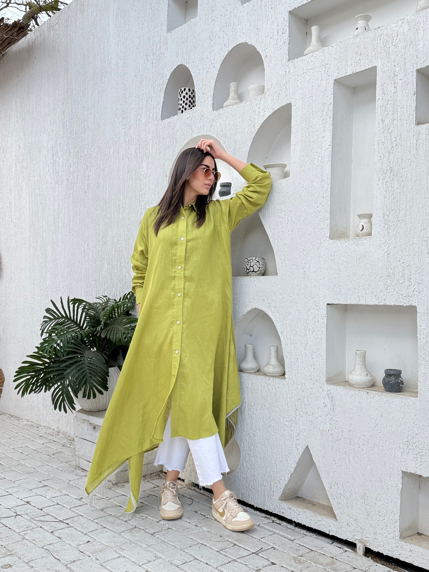 Moss green pure linen shirt dress