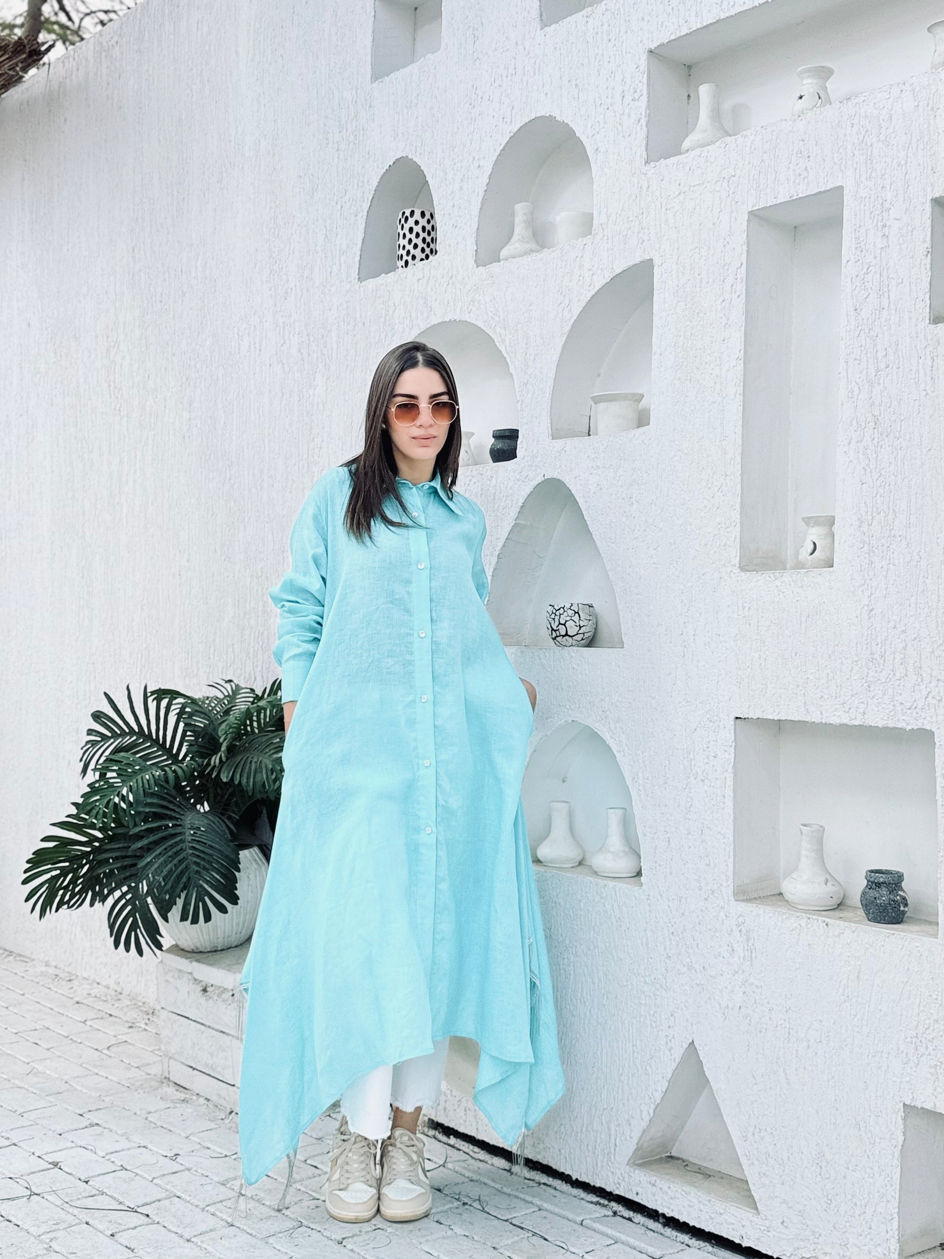 Light turquoise pure linen shirt dress Light turquoise pure linen shirt dress