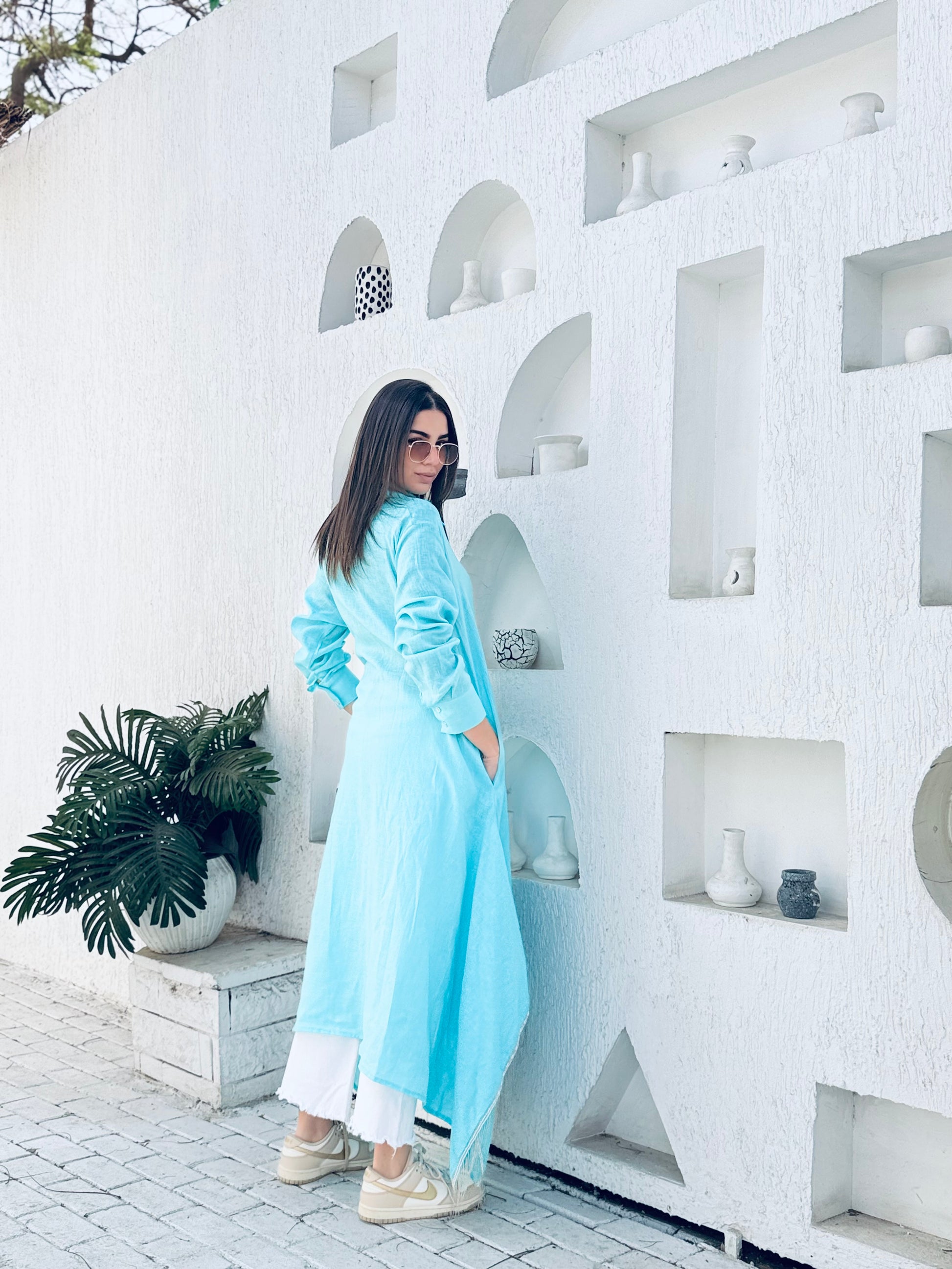 turquoise linen shift dress Green Turquoise Linen Shirt Dress, Weekend Dress, Classic Knee-length Shirt Dress Belt, Casual Light Comfort Dress, Bridesmaid Summer Dress