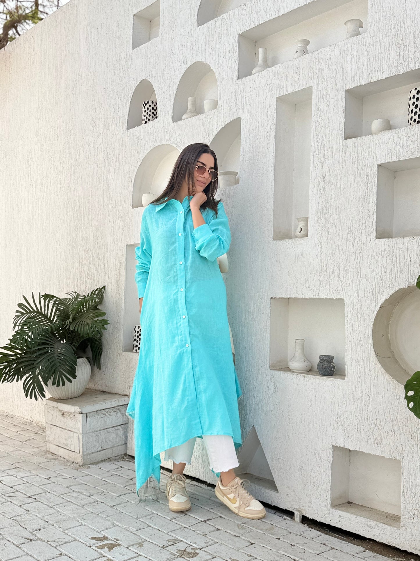 Turquoise  pure linen shirt dress with silver fringes