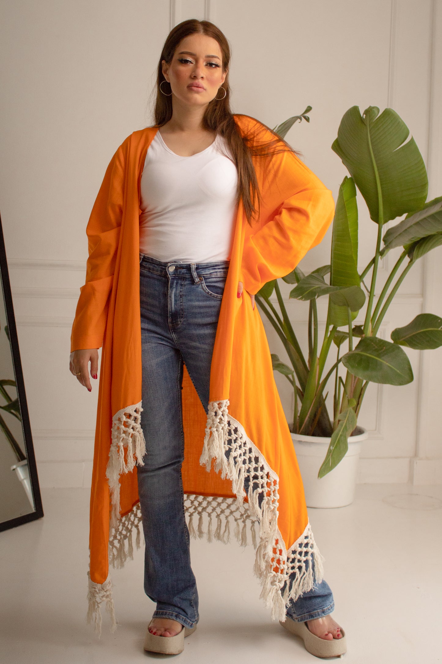 Orange free size cozy fringed linen cardigan