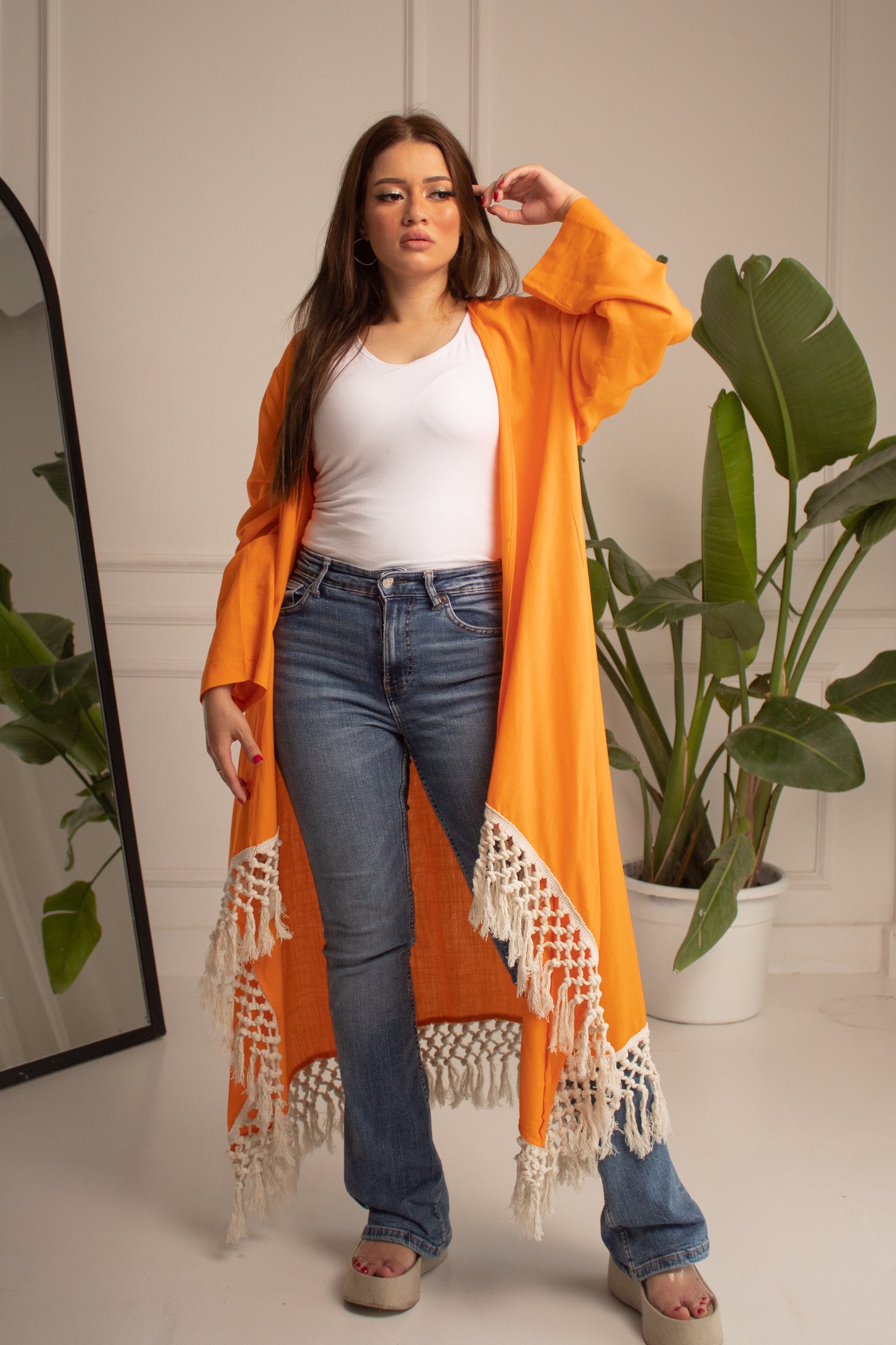 Orange free size cozy fringed linen cardigan