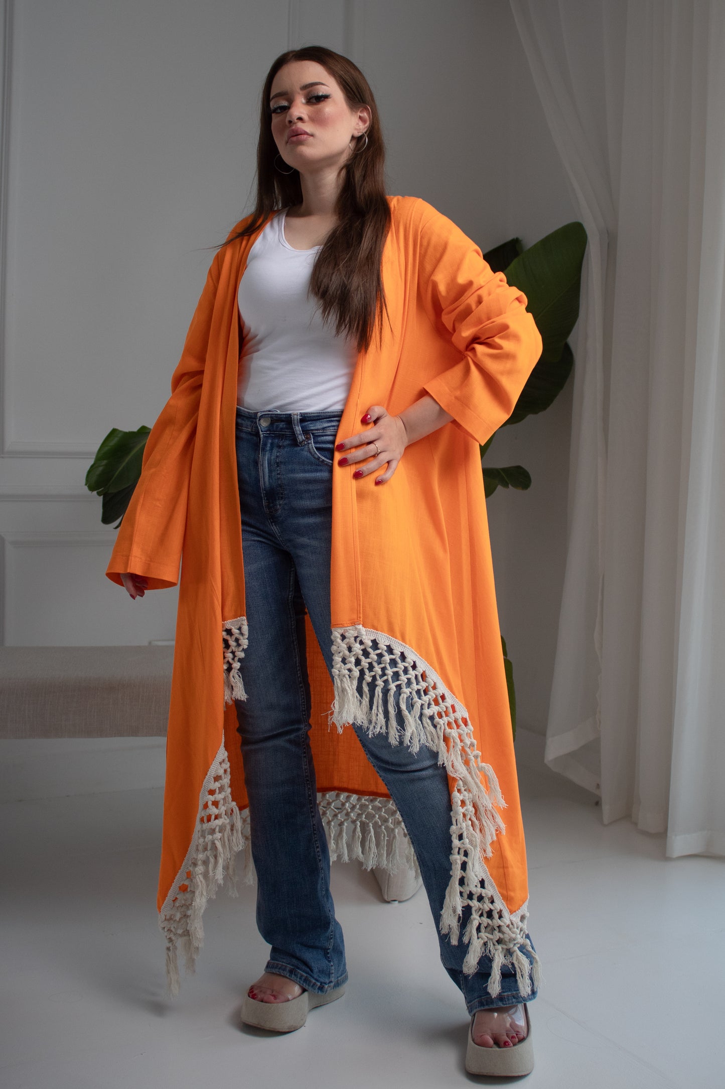 Orange free size cozy fringed linen cardigan