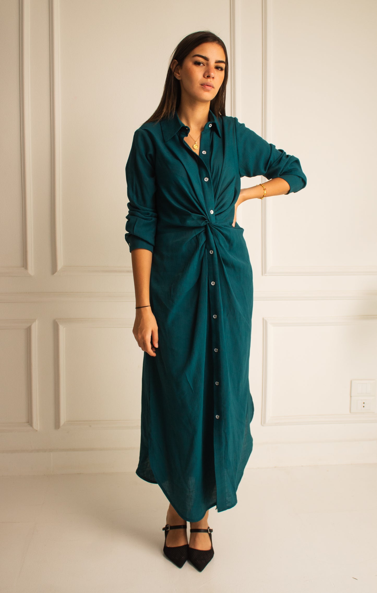 Dark teal glass (Linen Mixed with Silk)dress