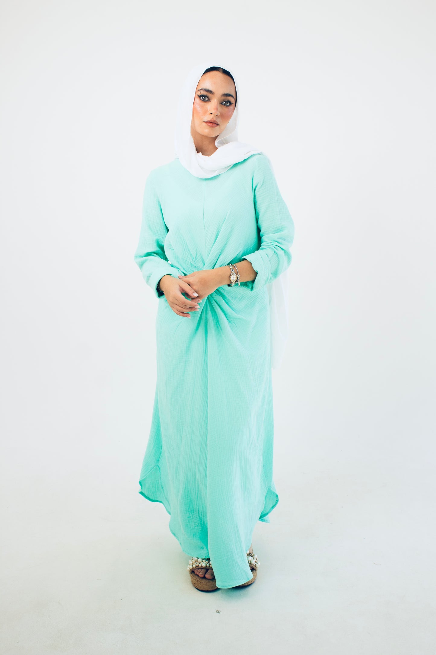 Pastel light turquoise linen cotton dress