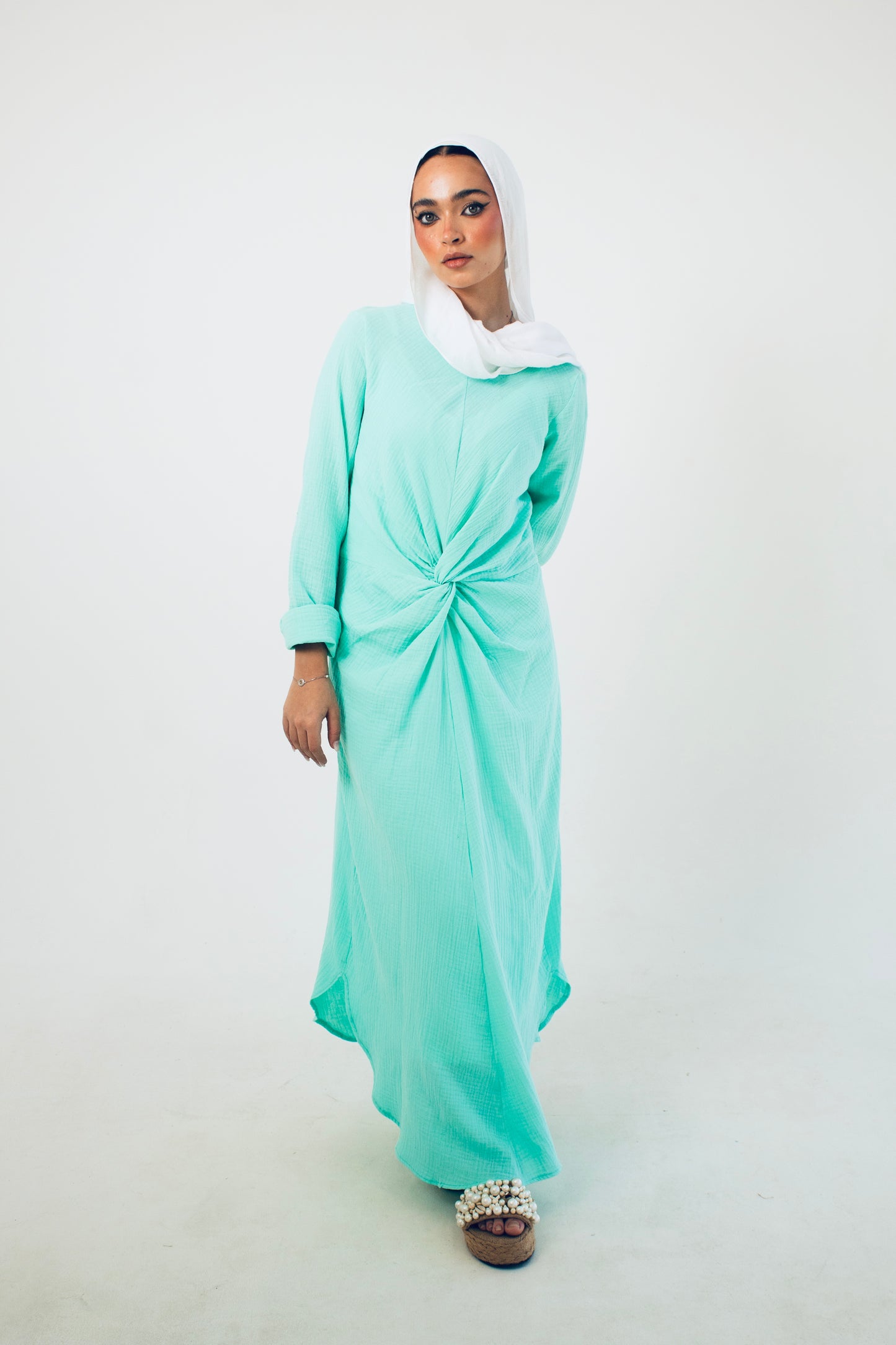 Pastel light turquoise linen cotton dress