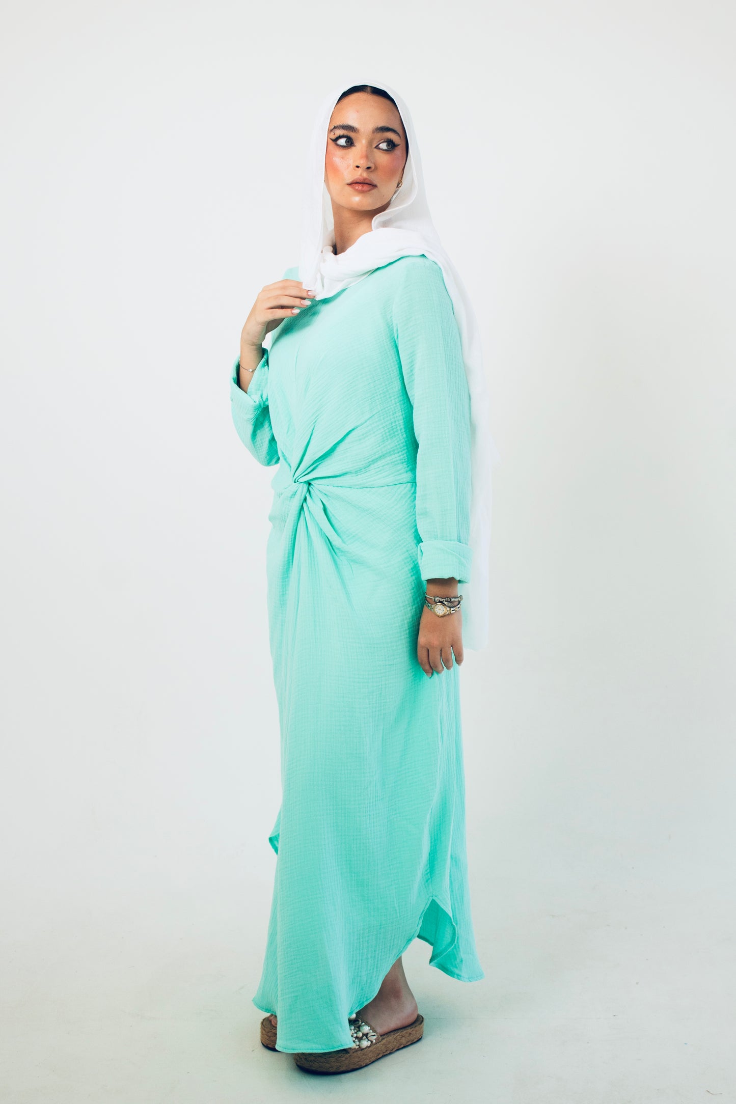 Pastel light turquoise linen cotton dress