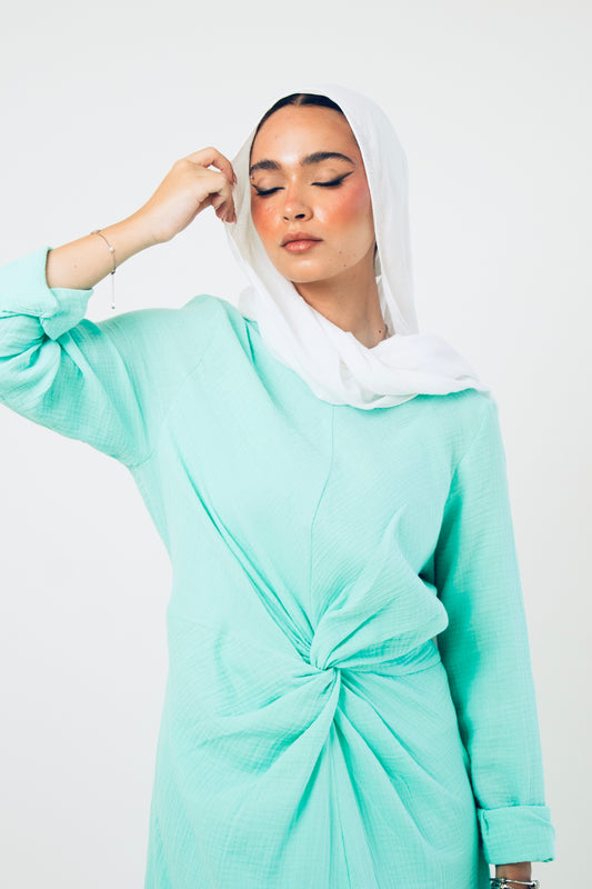 Pastel light turquoise linen cotton dress