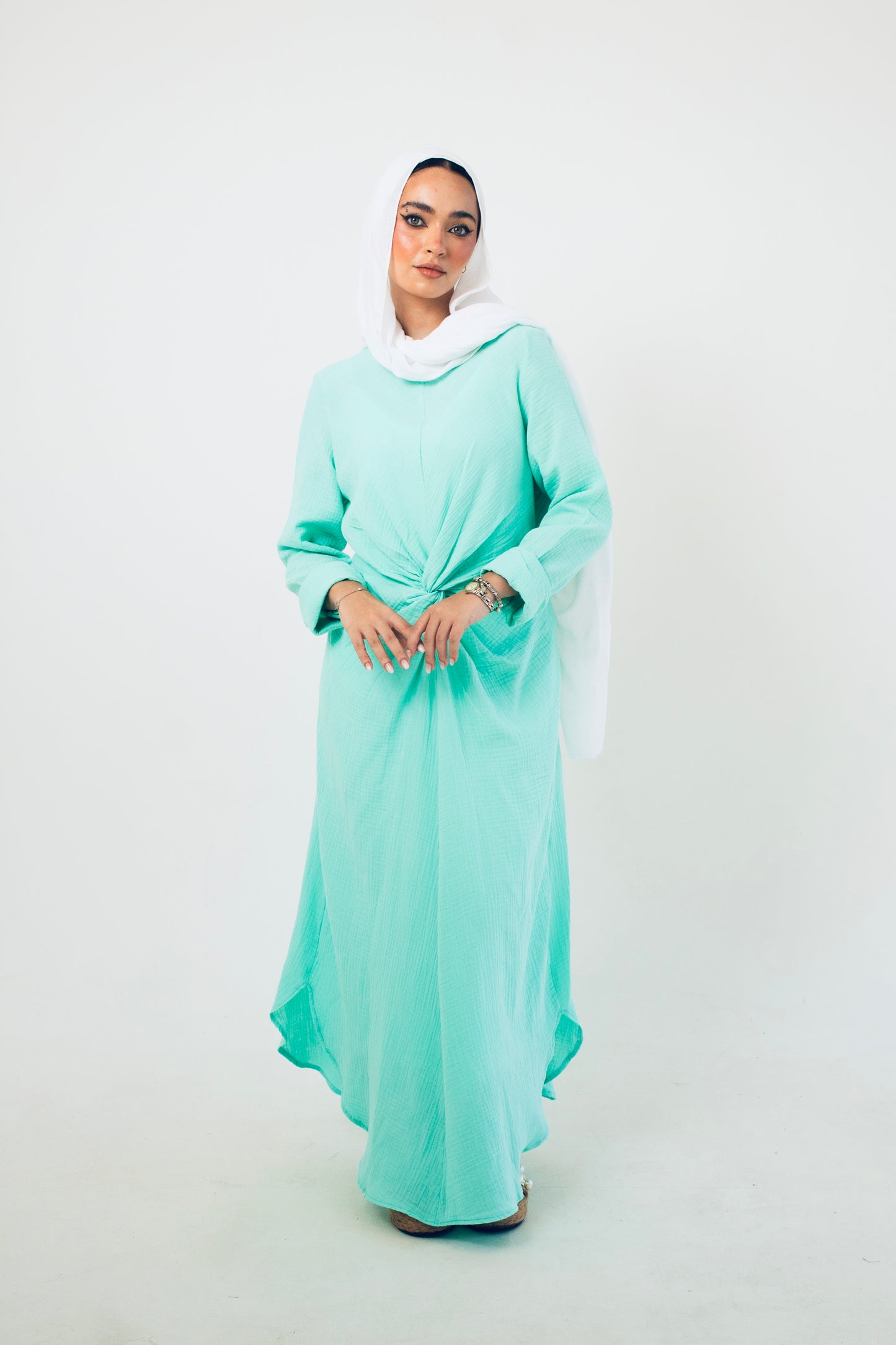 Pastel light turquoise linen cotton dress