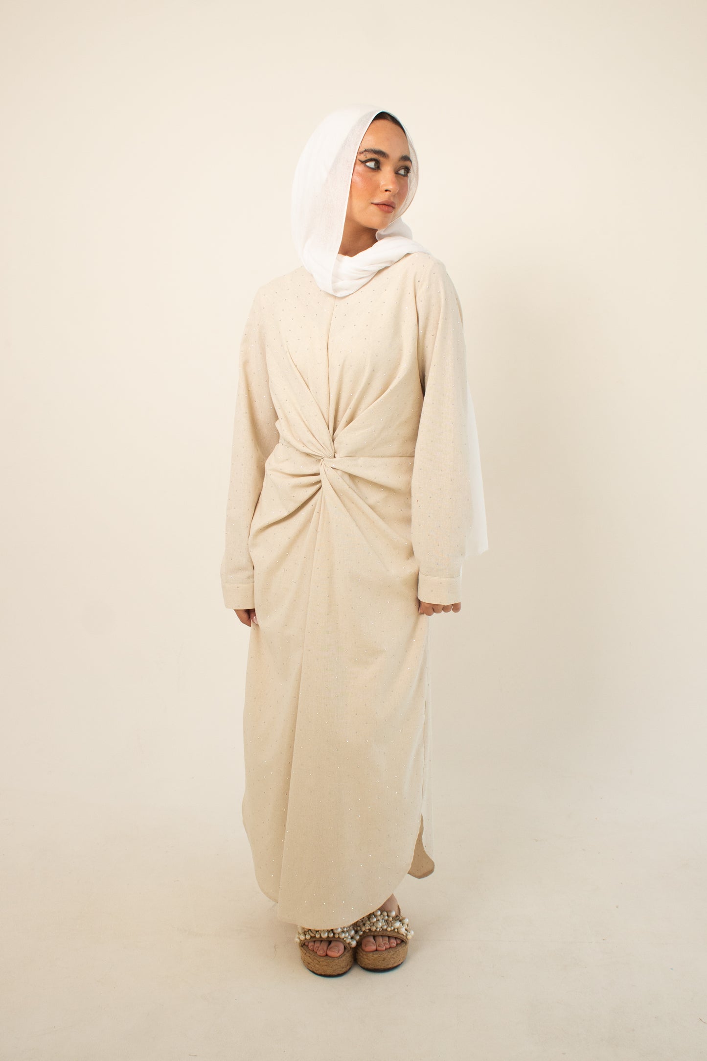 (Sofia dress)Studded beige linen dress