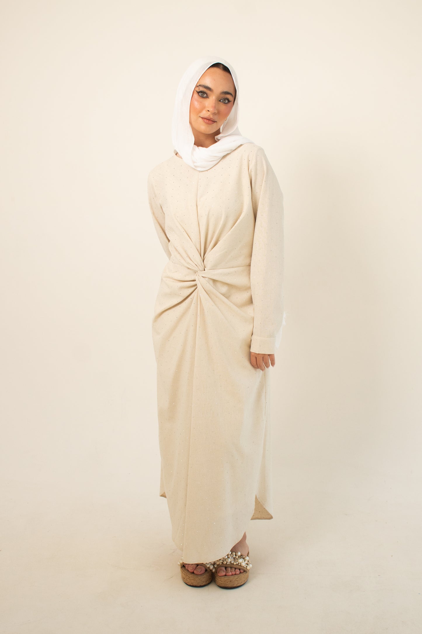 (Sofia dress)Studded beige linen dress