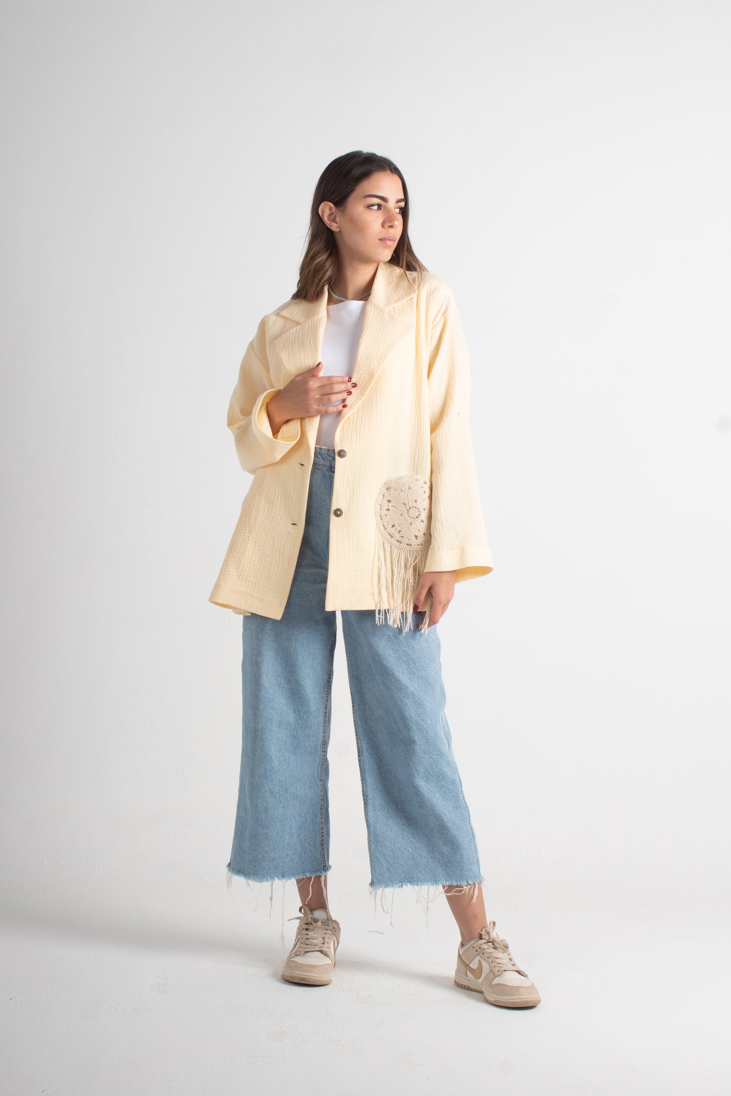 Yellow bubbled cotton Linen Free Size Jacket