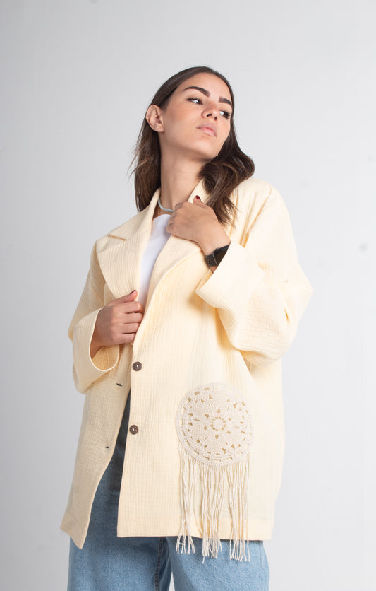 Yellow bubbled cotton Linen Free Size Jacket