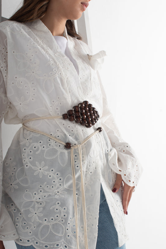 White Rokama free size kimono  with  makrmia handmade belt