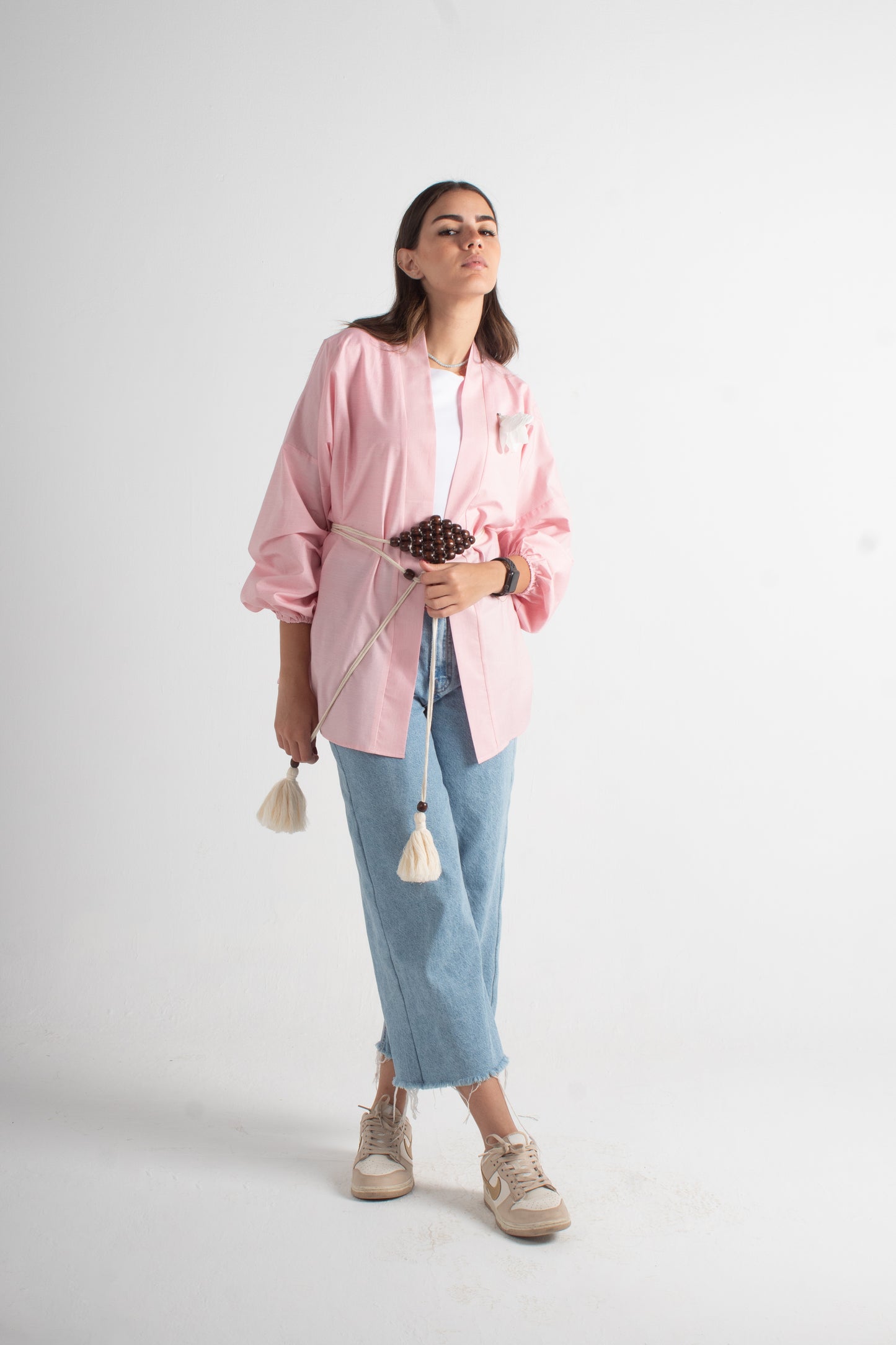 Lite pink  freesize kimono with  makrmia handmade belt