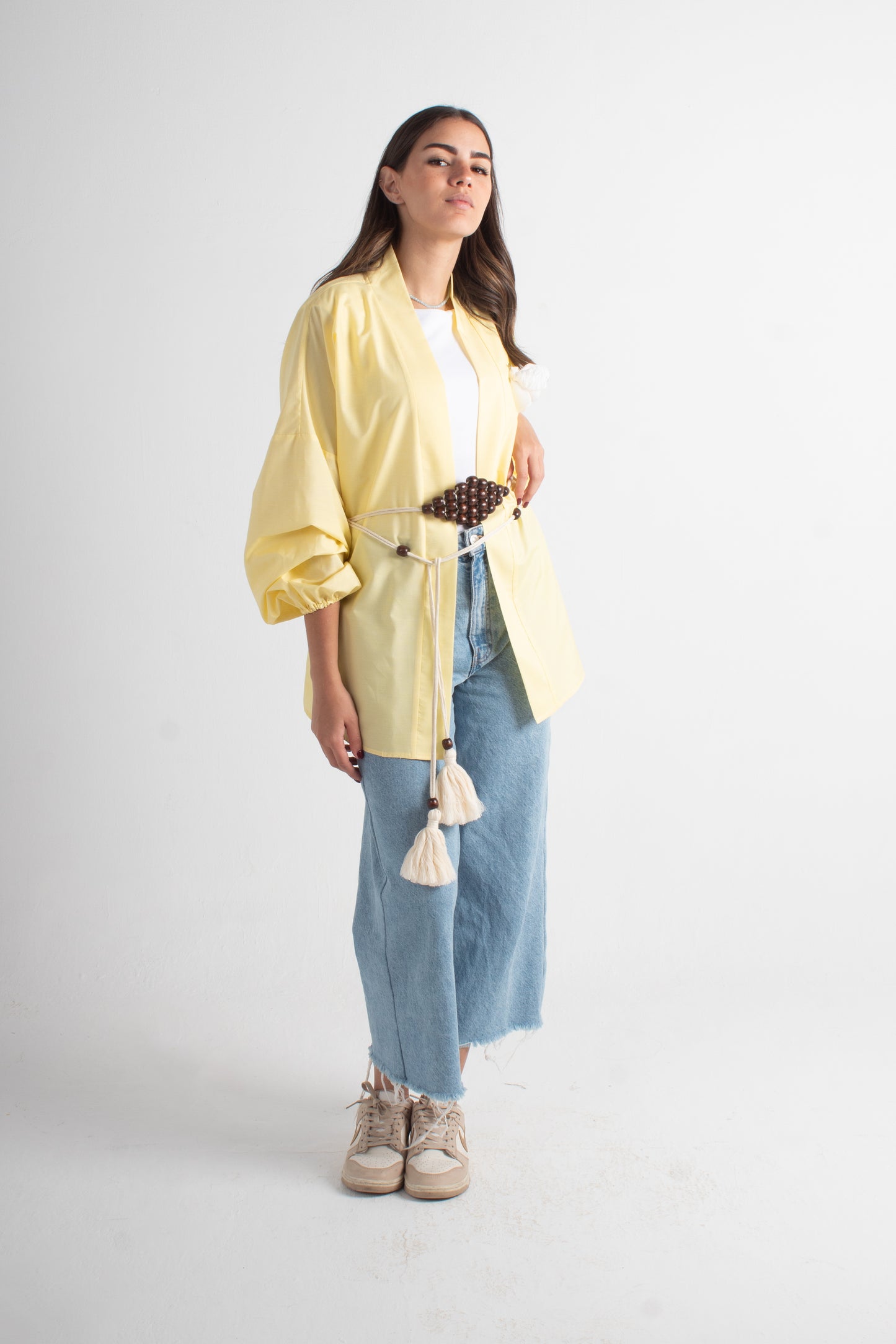 Yellow soft cotton Freesize kimono with  makrmia handmade belt