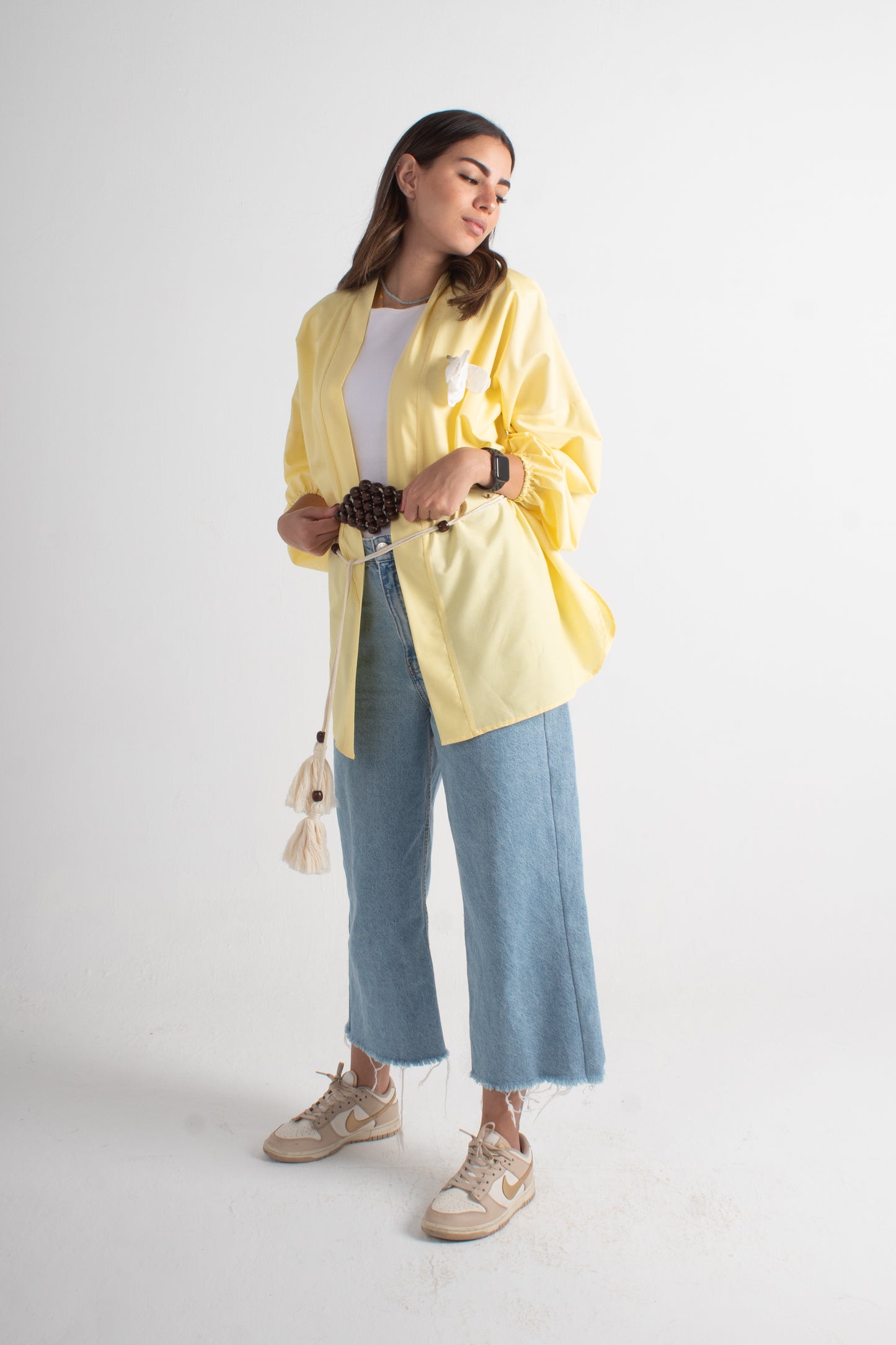 Yellow soft cotton Freesize kimono with  makrmia handmade belt