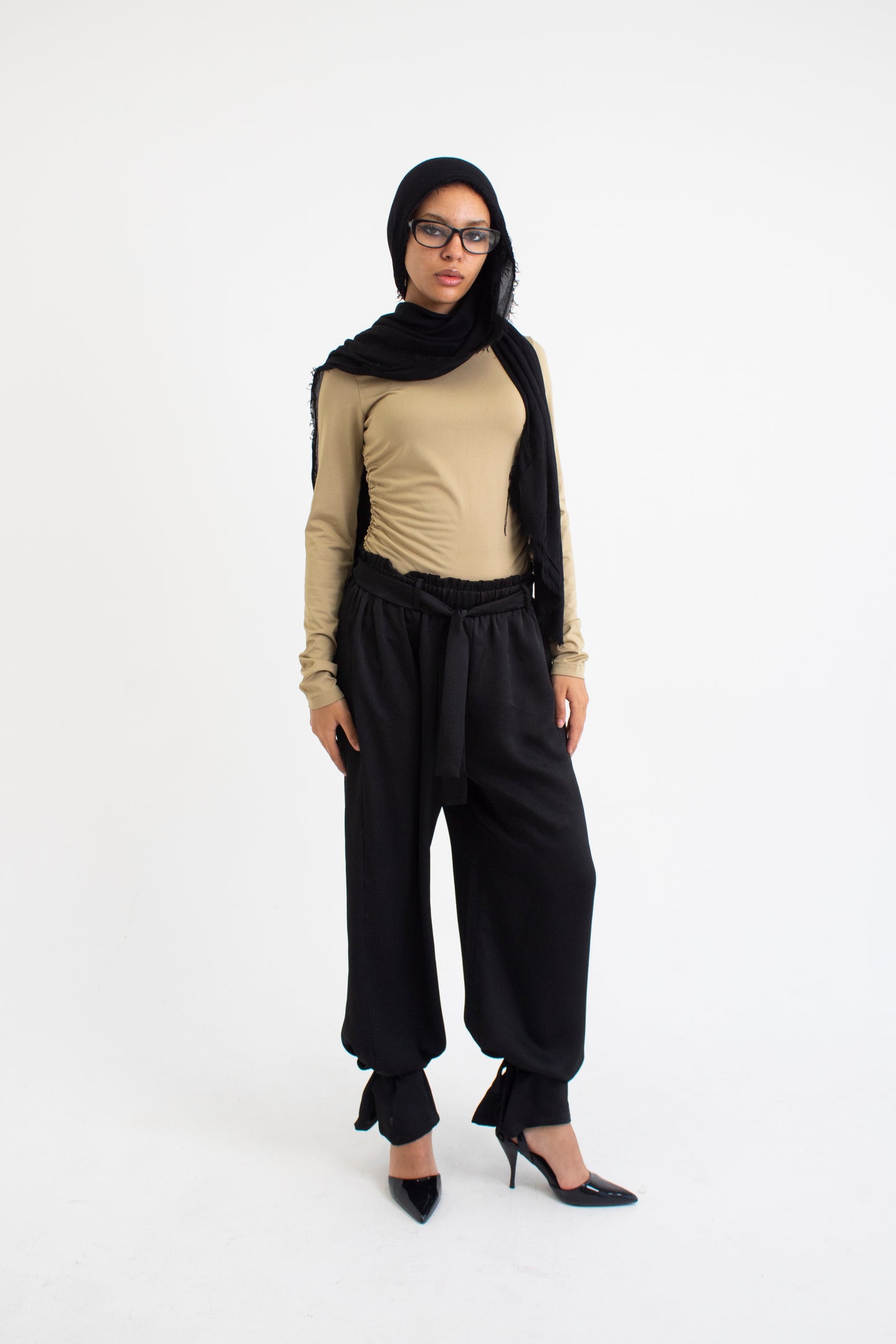 Black satin cargo pants