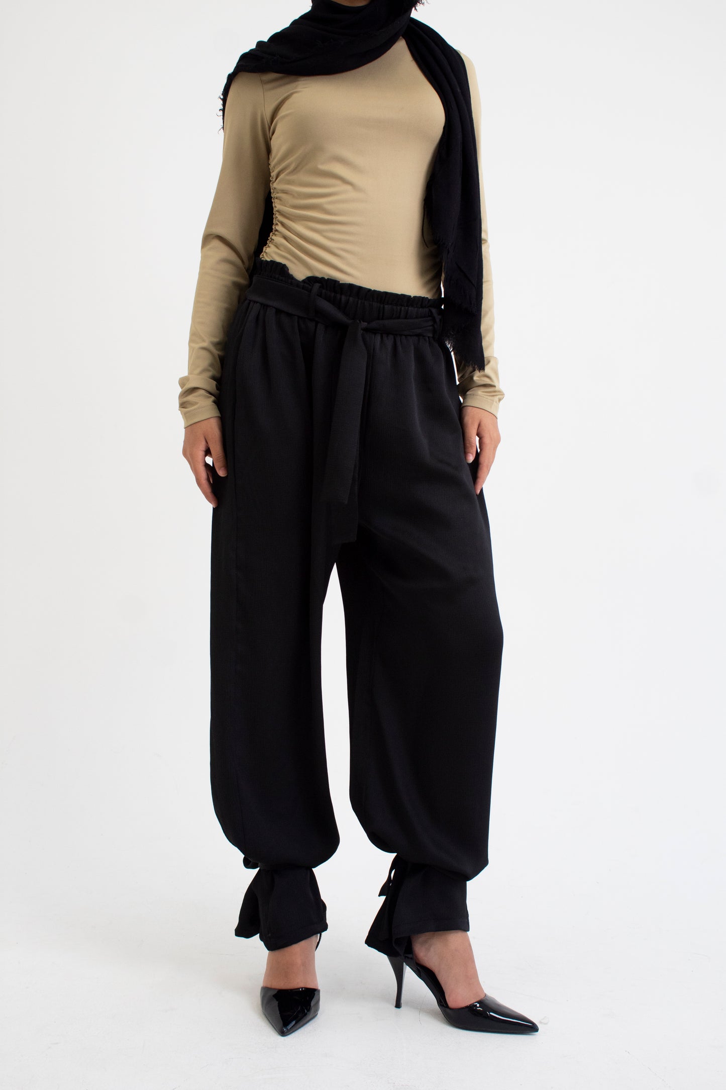 Black satin cargo pants