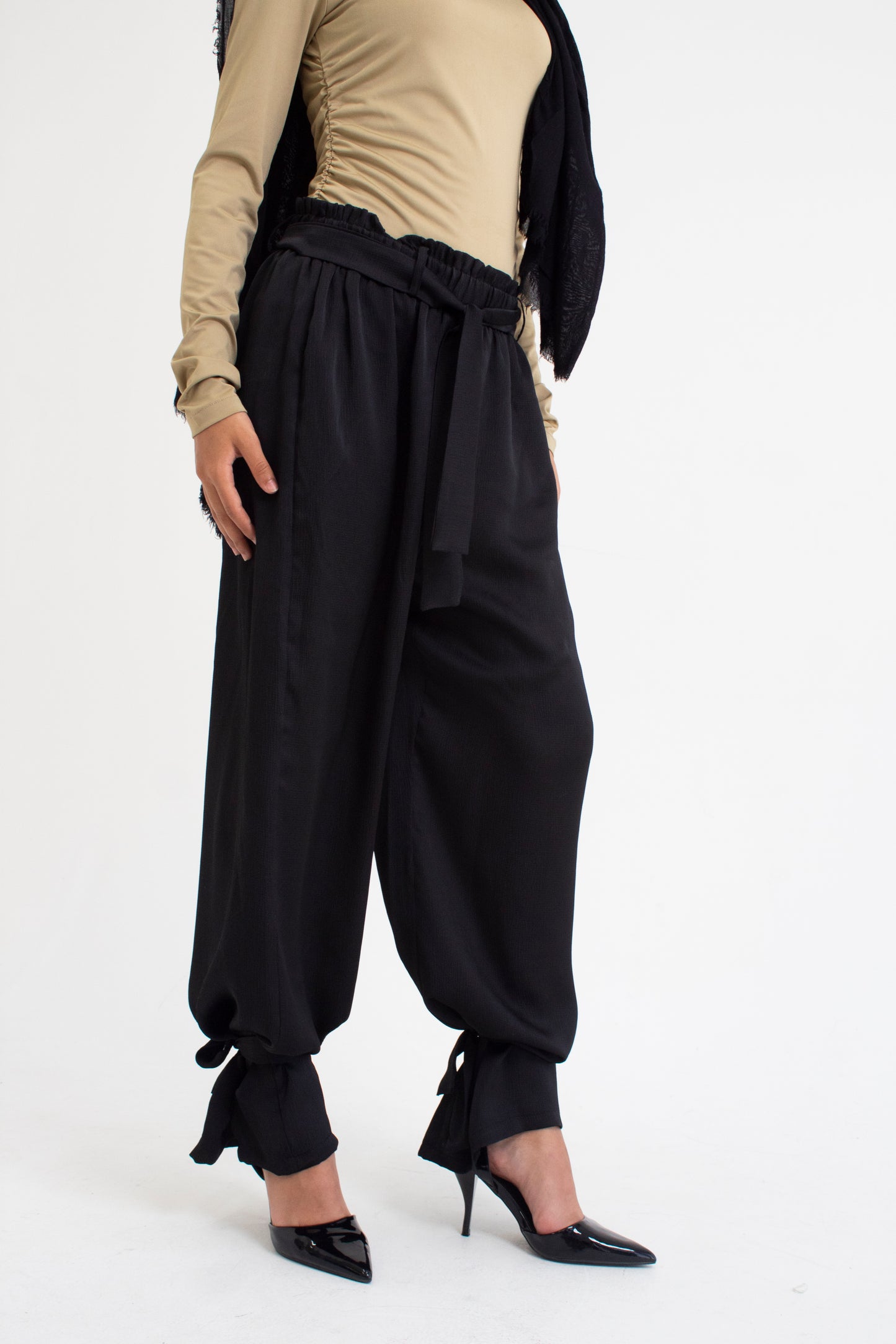 Black satin cargo pants