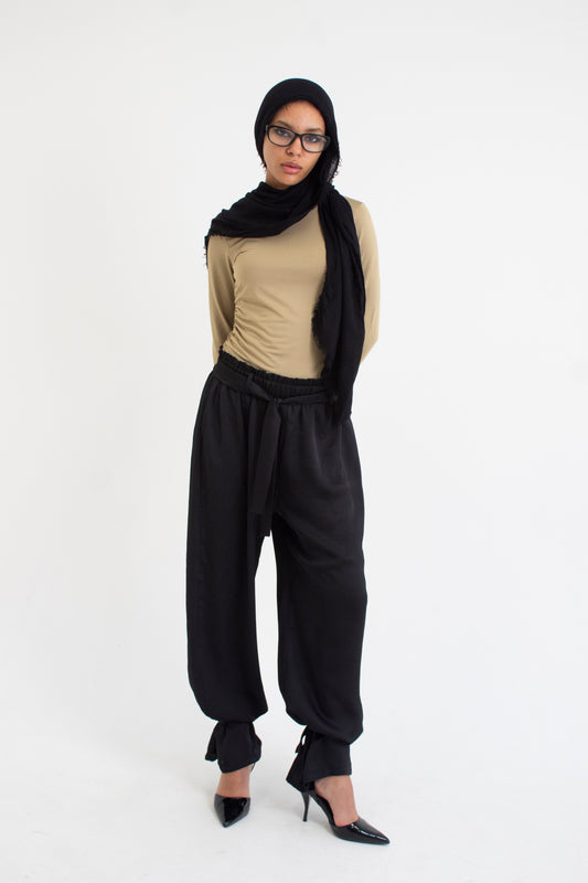 Black satin cargo pants