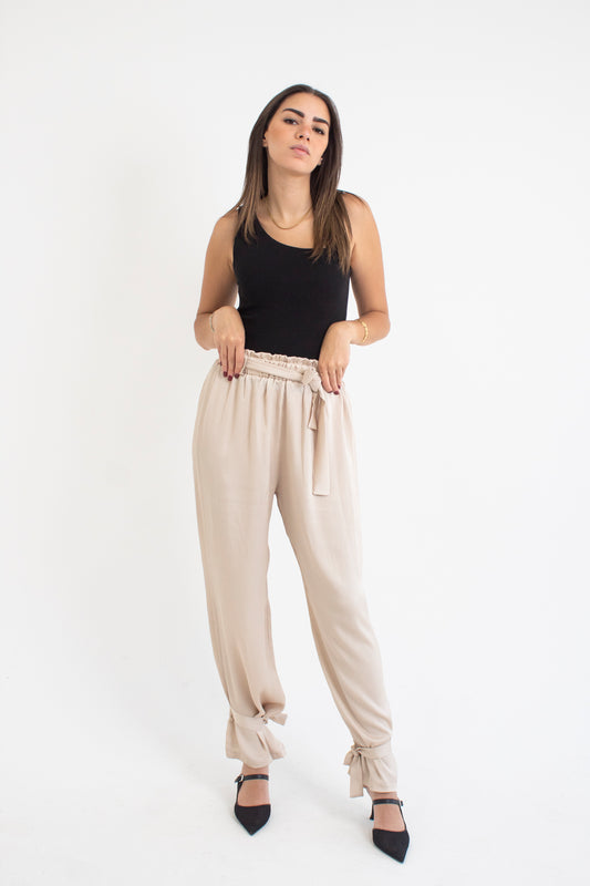 Beige satin cargo pants