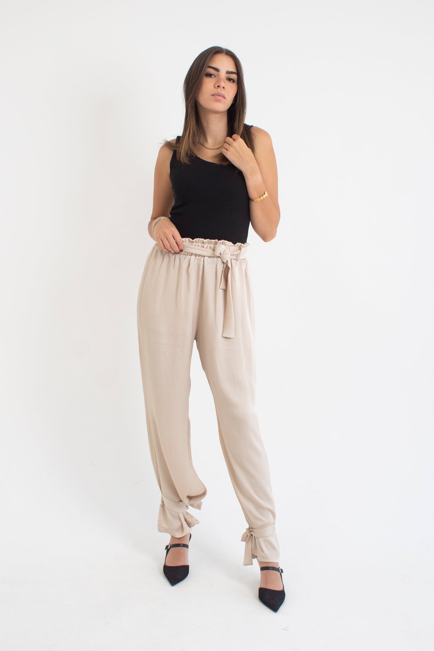 Beige satin cargo pants