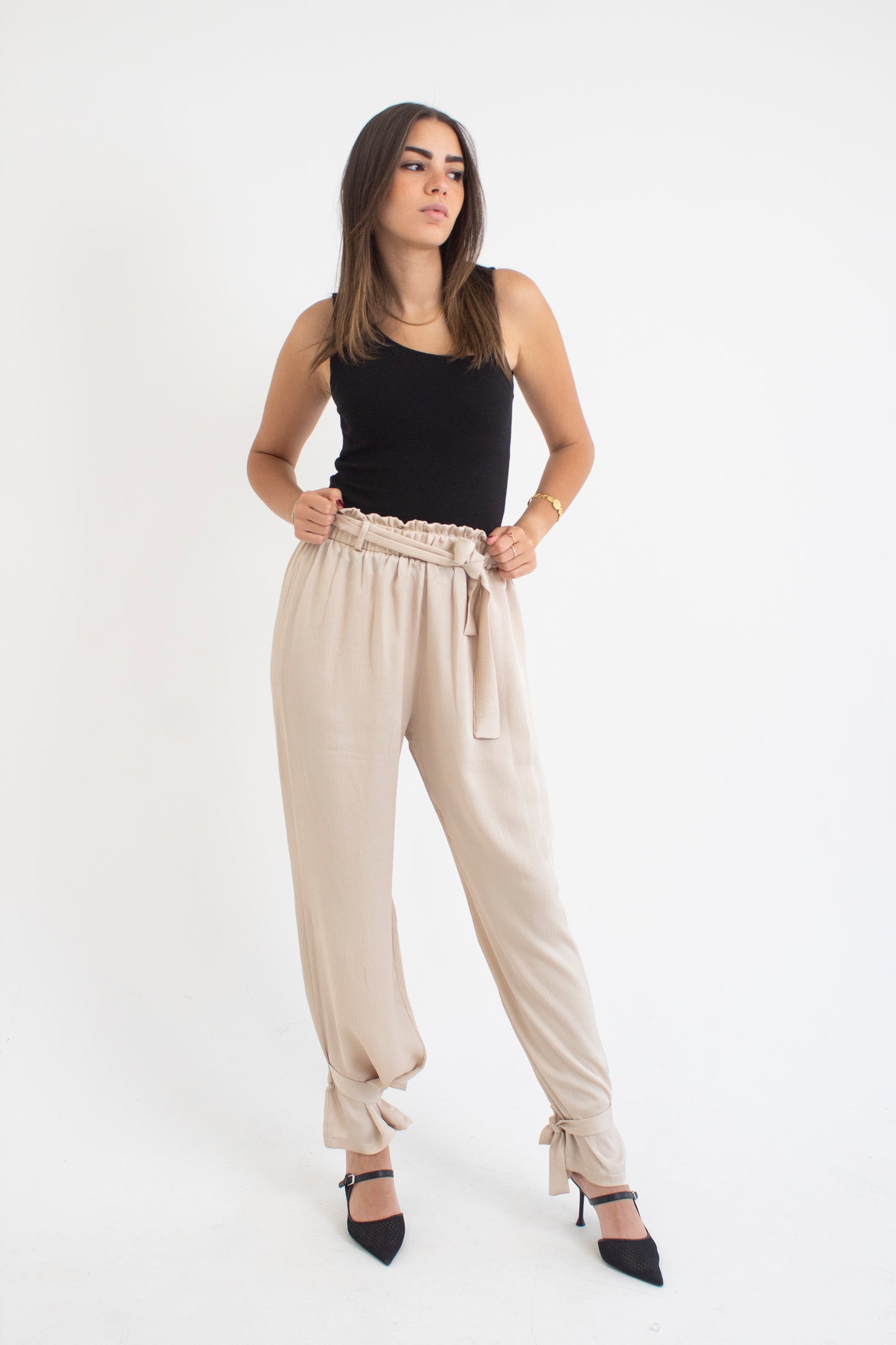 Beige satin cargo pants