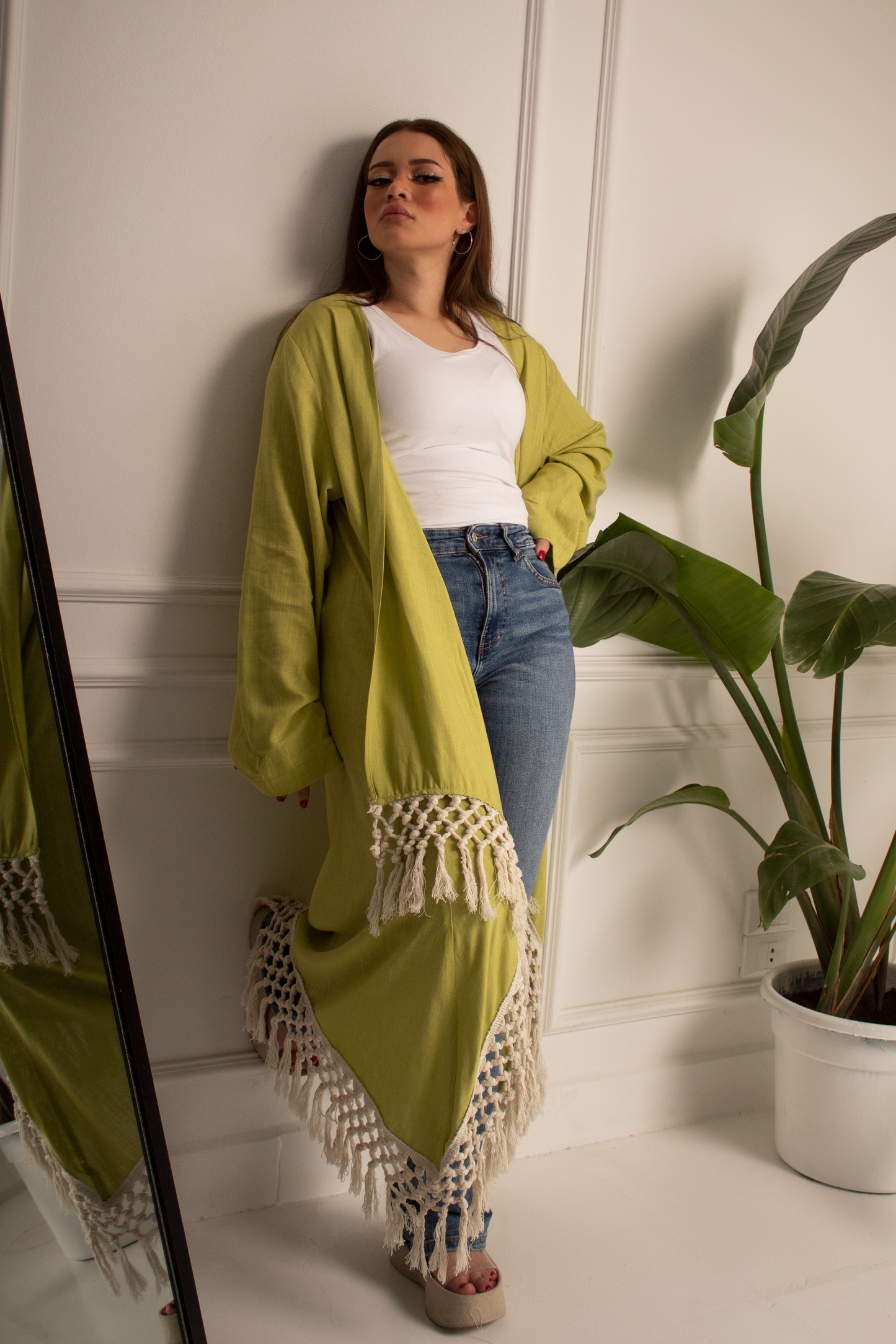 Paris green cozy fringed linen cardigan