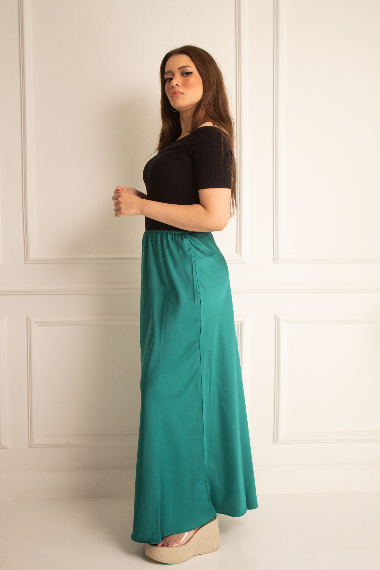 Light teal satin skirt