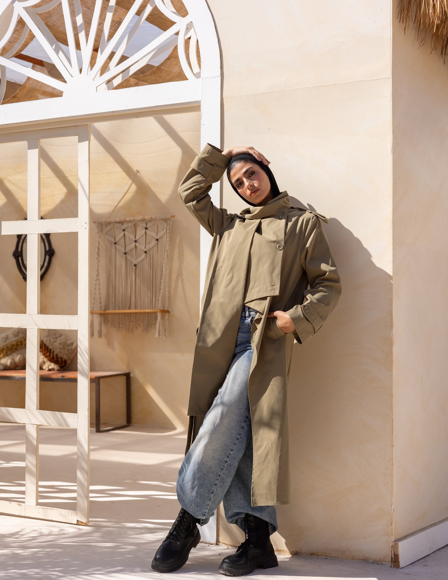 Asymmetric trench coat in olive