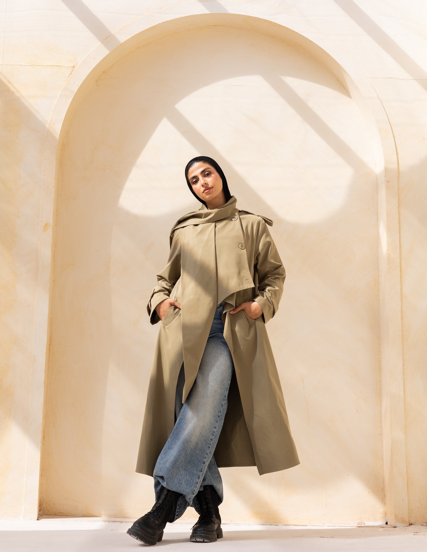 Asymmetric trench coat in olive