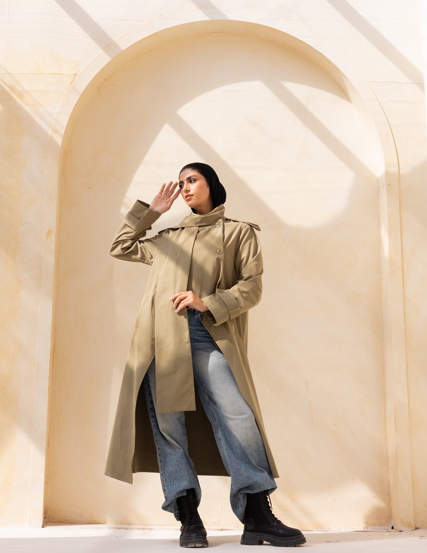 Asymmetric trench coat in olive