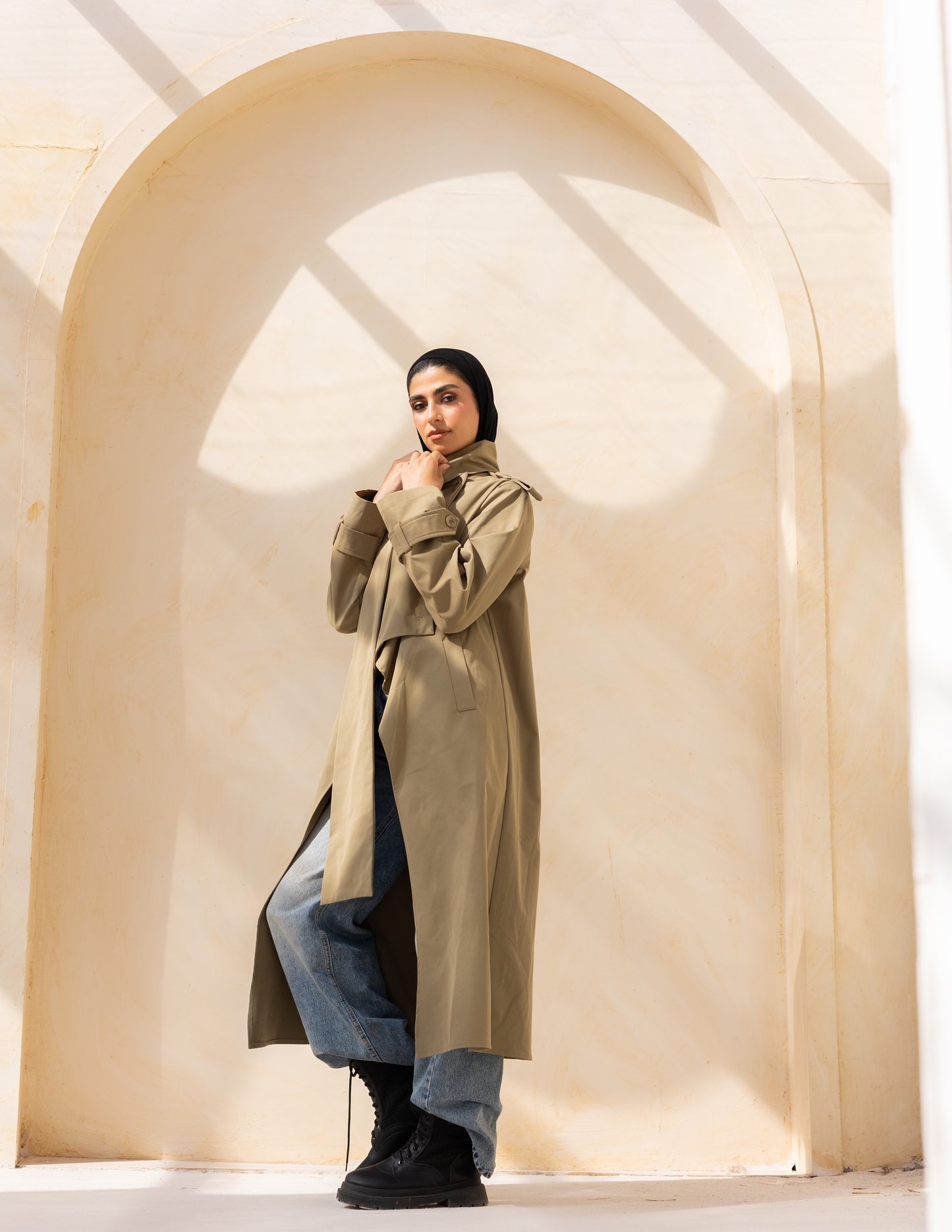 Asymmetric trench coat in olive
