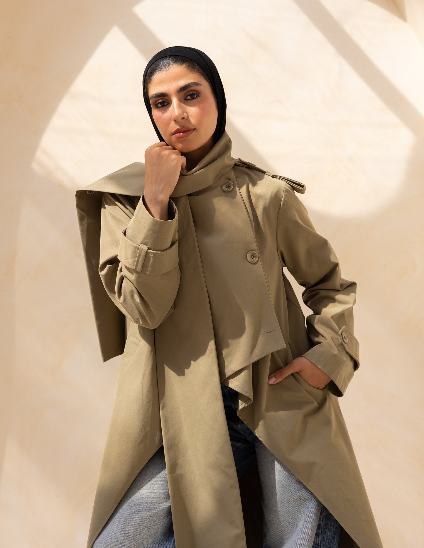 Asymmetric trench coat in olive
