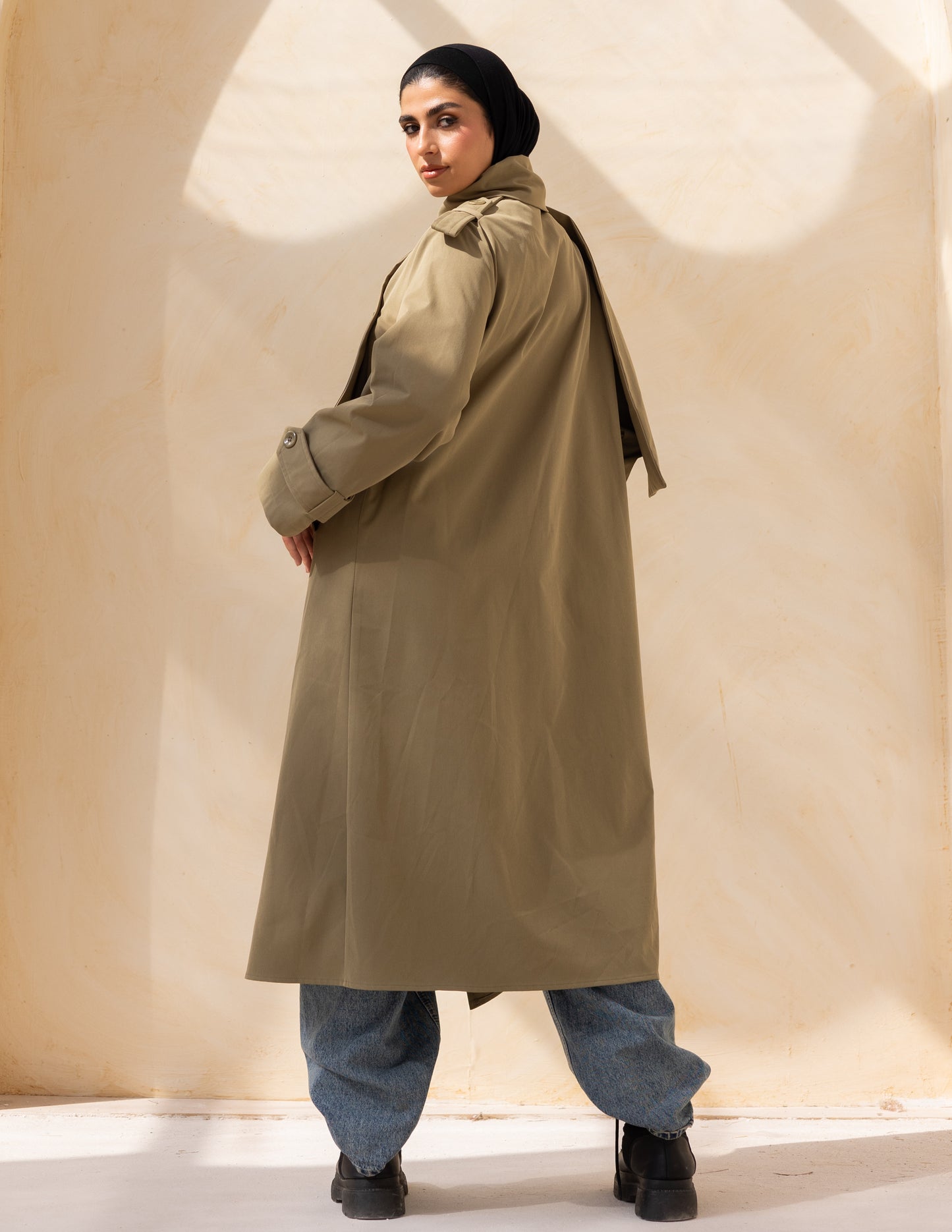 Asymmetric trench coat in olive