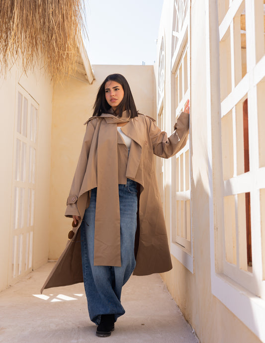 Asymmetric trench coat in Cafe Latte