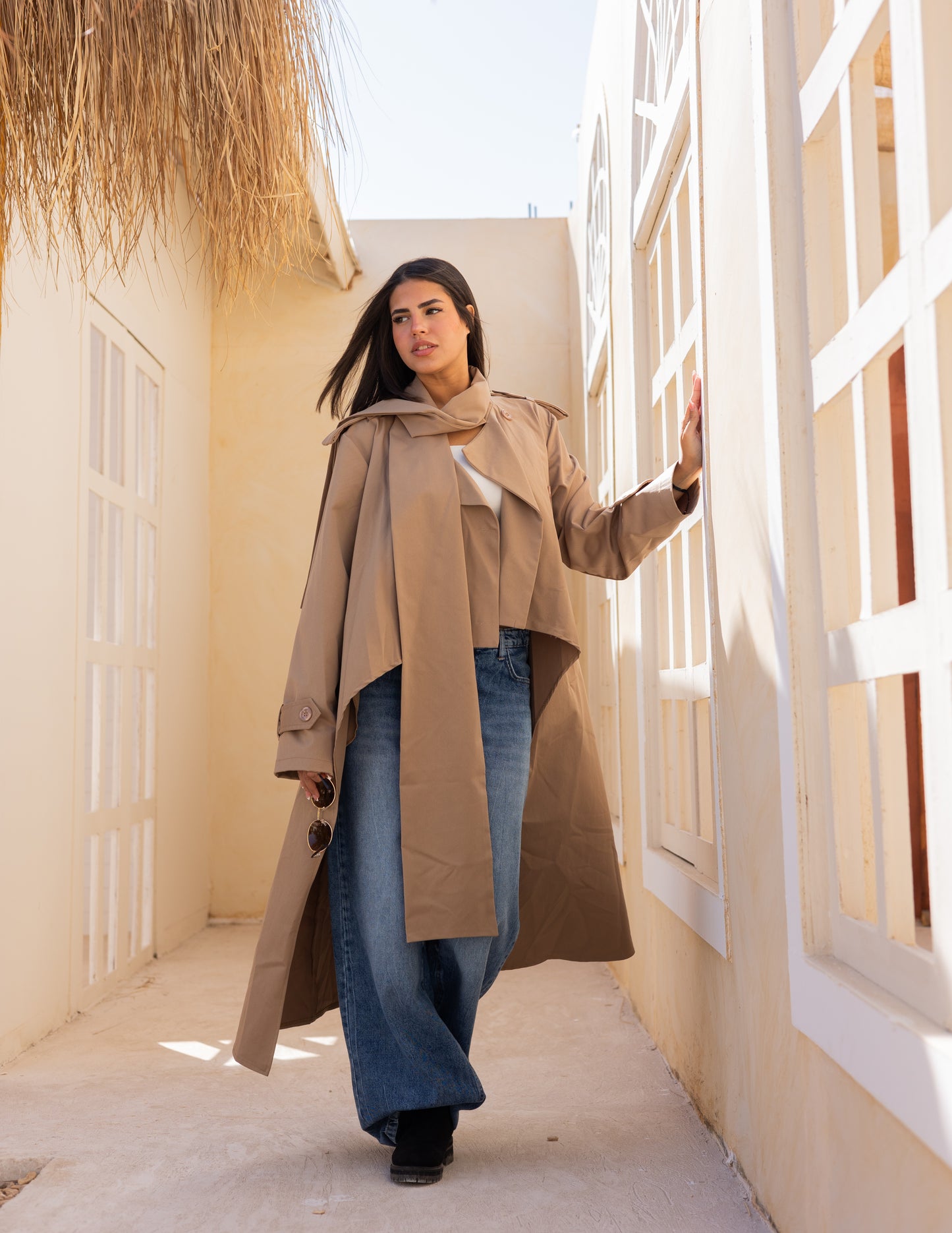 Asymmetric trench coat in Cafe Latte