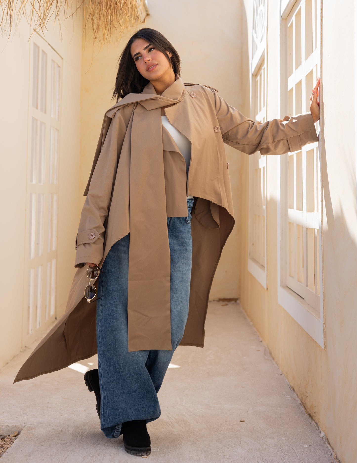 Asymmetric trench coat in Cafe Latte