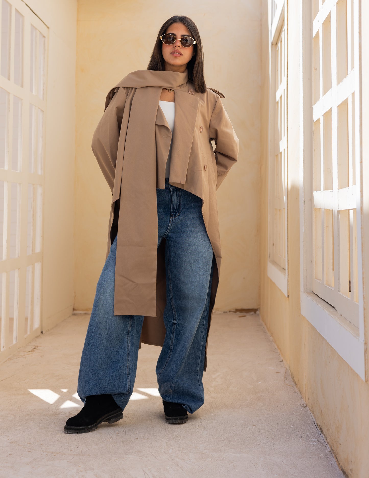 Asymmetric trench coat in Cafe Latte