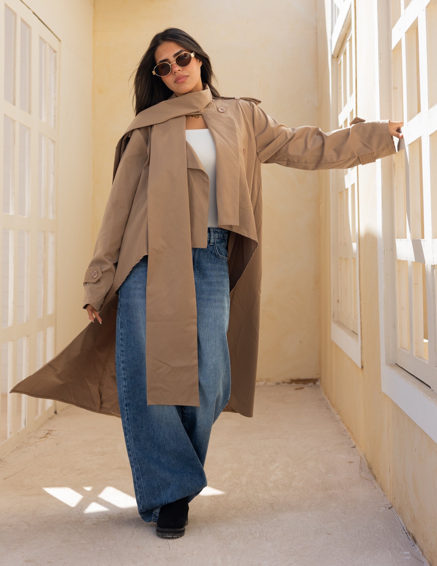 Asymmetric trench coat in Cafe Latte
