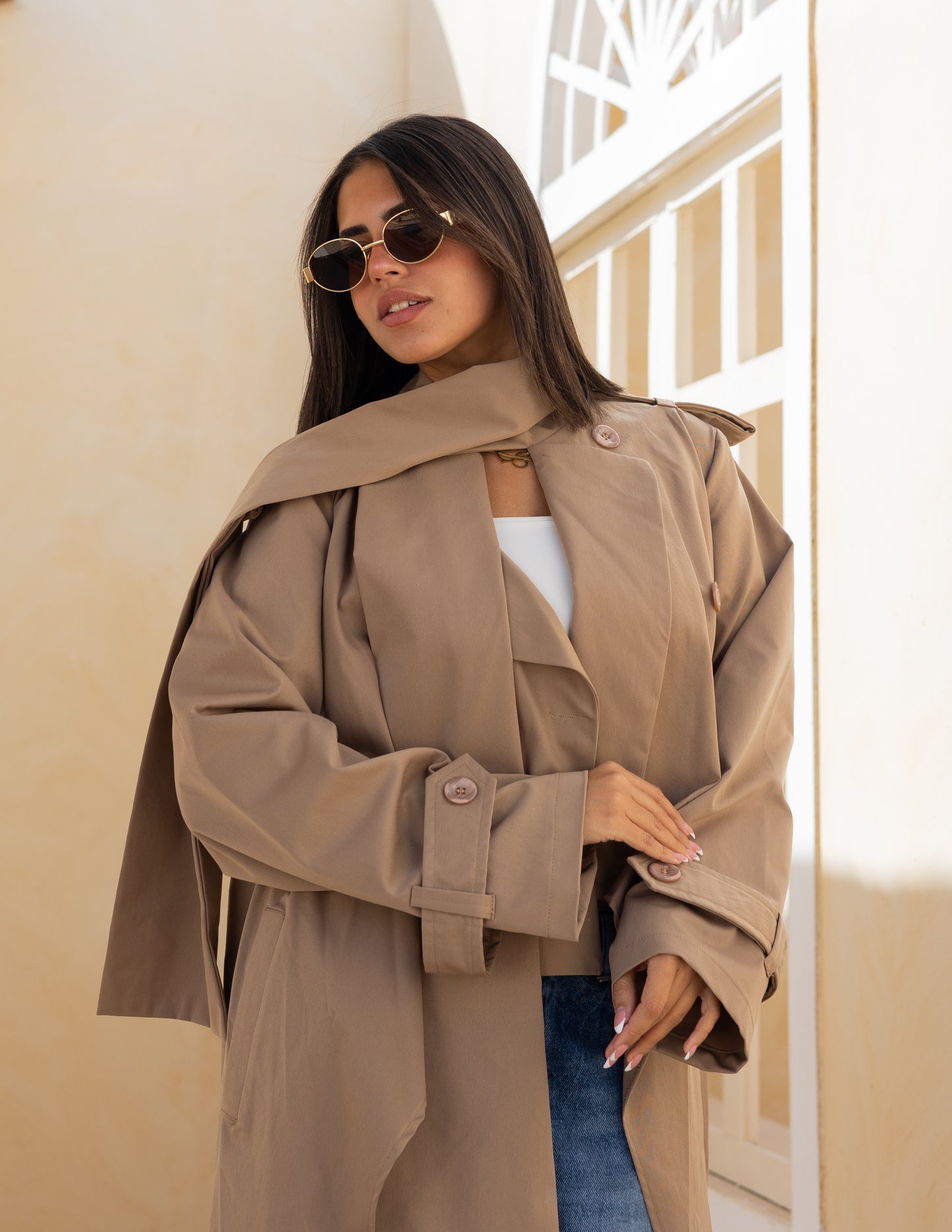 Asymmetric trench coat in Cafe Latte