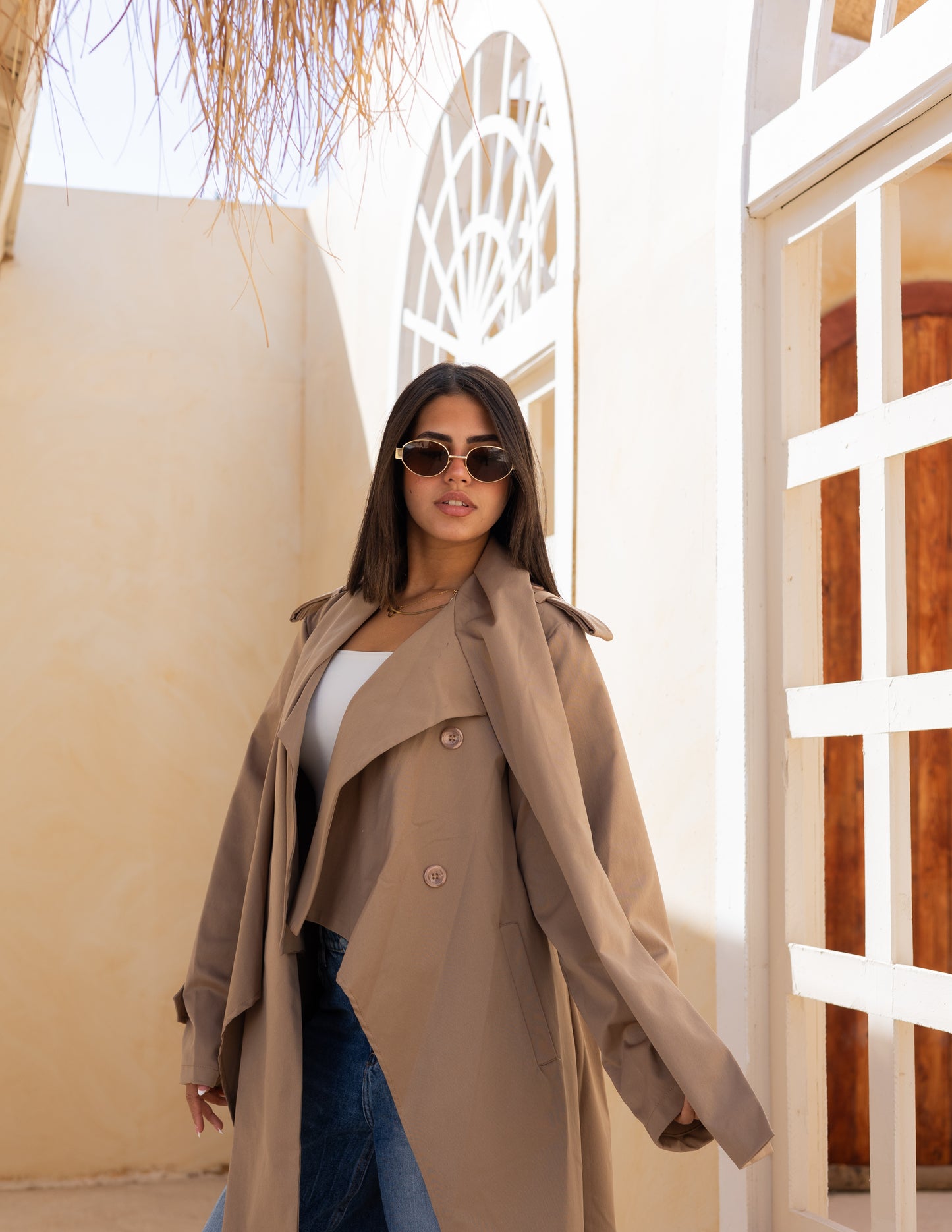 Asymmetric trench coat in Cafe Latte