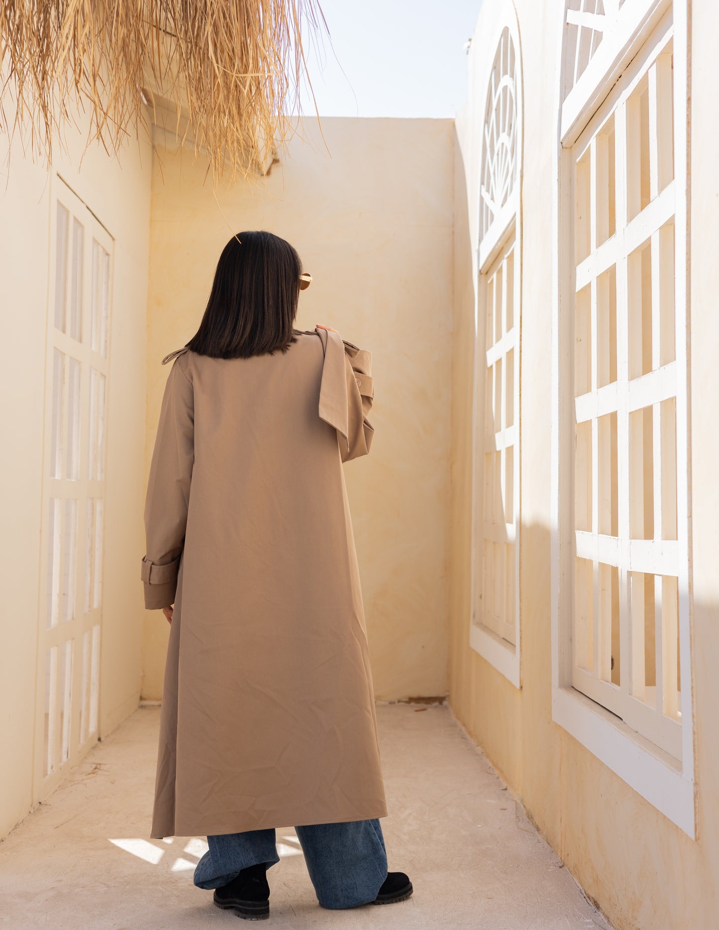 Asymmetric trench coat in Cafe Latte